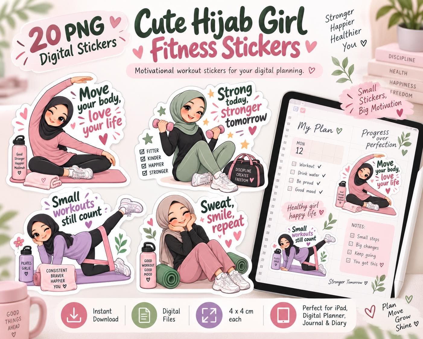 20 Cute Hijab Fitness Stickers PNG | Muslimah Workout Digital Stickers for iPad, GoodNotes, Planner & Journal | Pilates Wellness Bundle