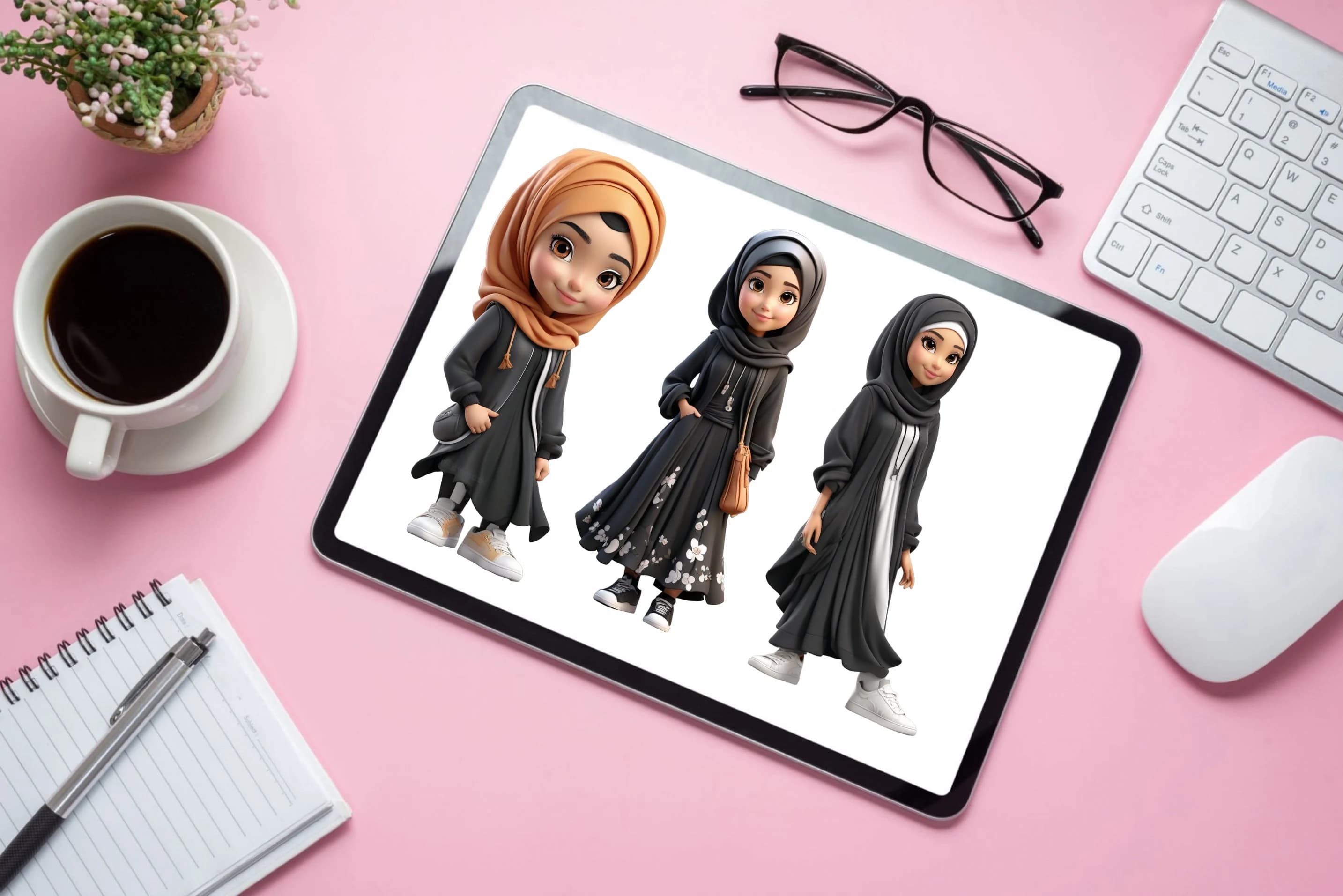 Muslim Hijabi Girl | Islamic Digital Planner Sticker | Cute Kids | Muslim Kid | Beautiful Girl With Hijab | Black Dress Clipart PNG | PINK - image 3