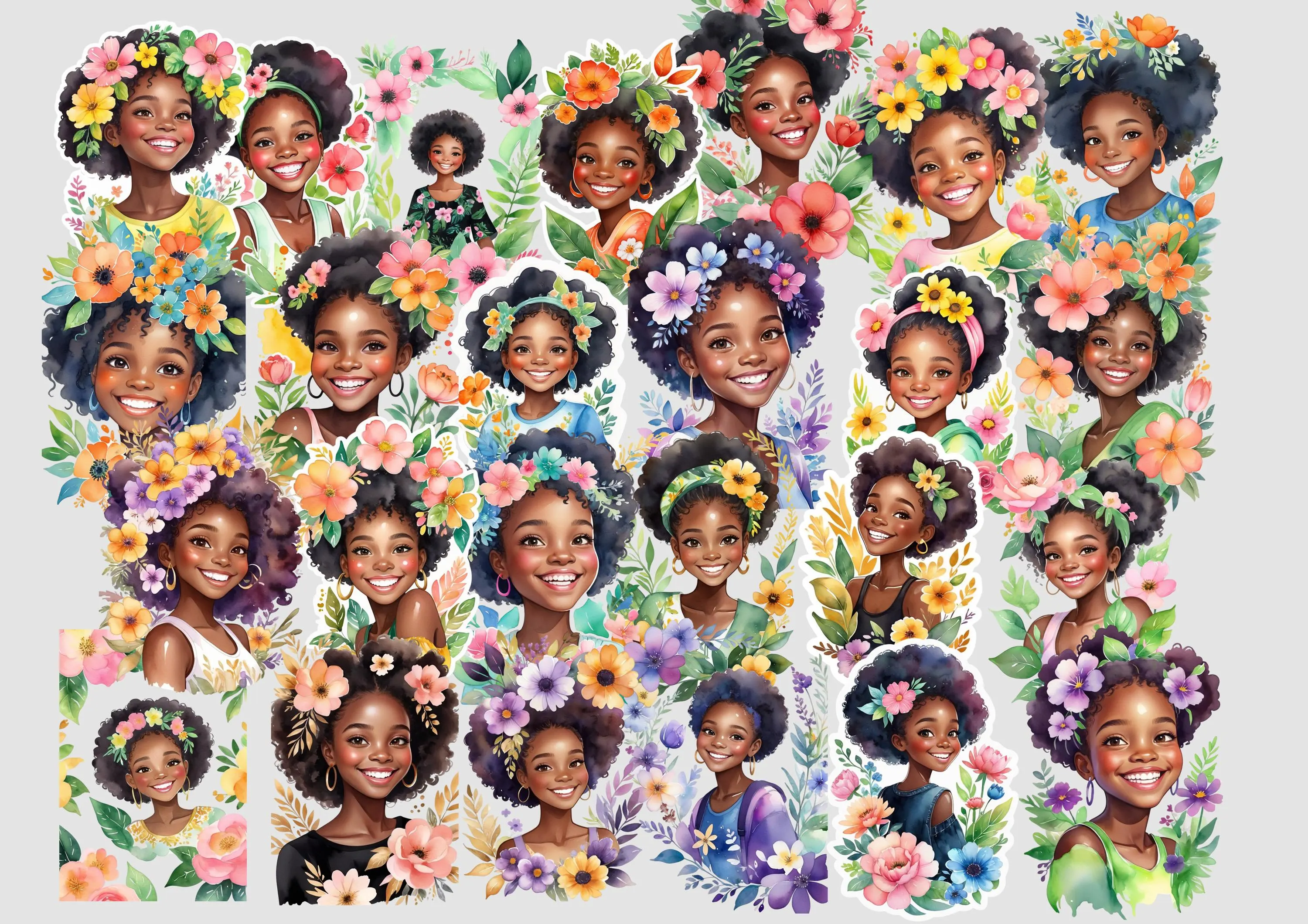 Floral Cute Black American African Girl | PNG Digital Stickers | Black Girl Plant Lovers | Flowers | Happy Black Girl | Afro Black Girl PNG - image 2