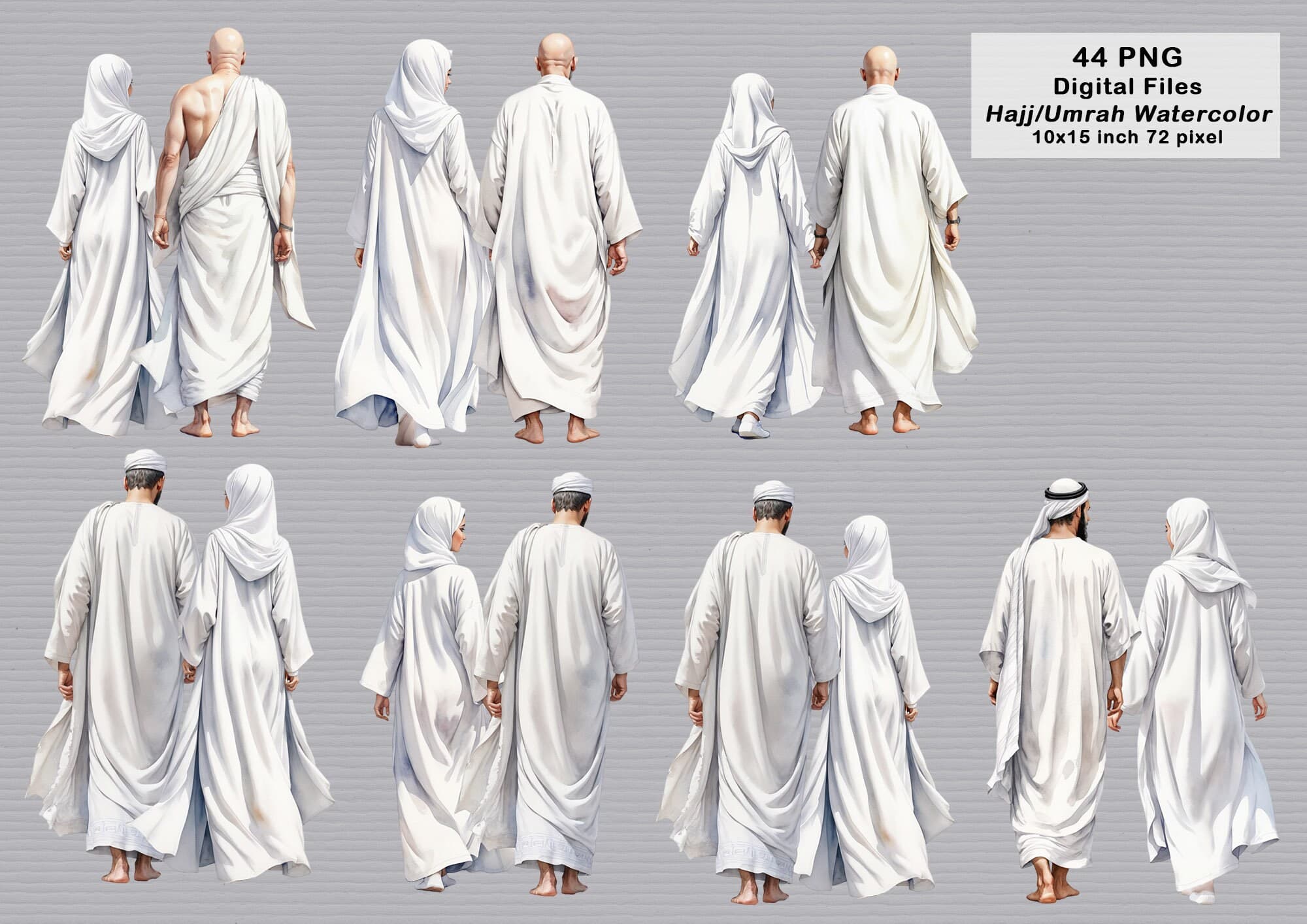 Muslim Hajj Umrah PNG | Digital Files Watercolor | Islamic Couple Back View | Ihram | Islamic Watercolor Elements | Muslim Couple | Family - image 3