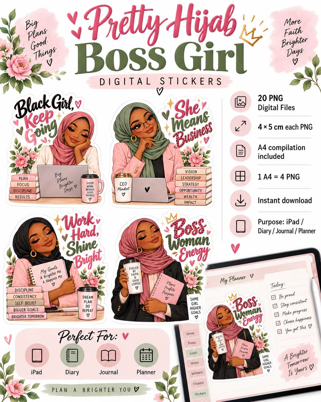 Pretty Hijab Boss Girl Digital Stickers PNG | 20 Black American Muslim Woman Planner Stickers | Motivational iPad Journal GoodNotes Stickers
