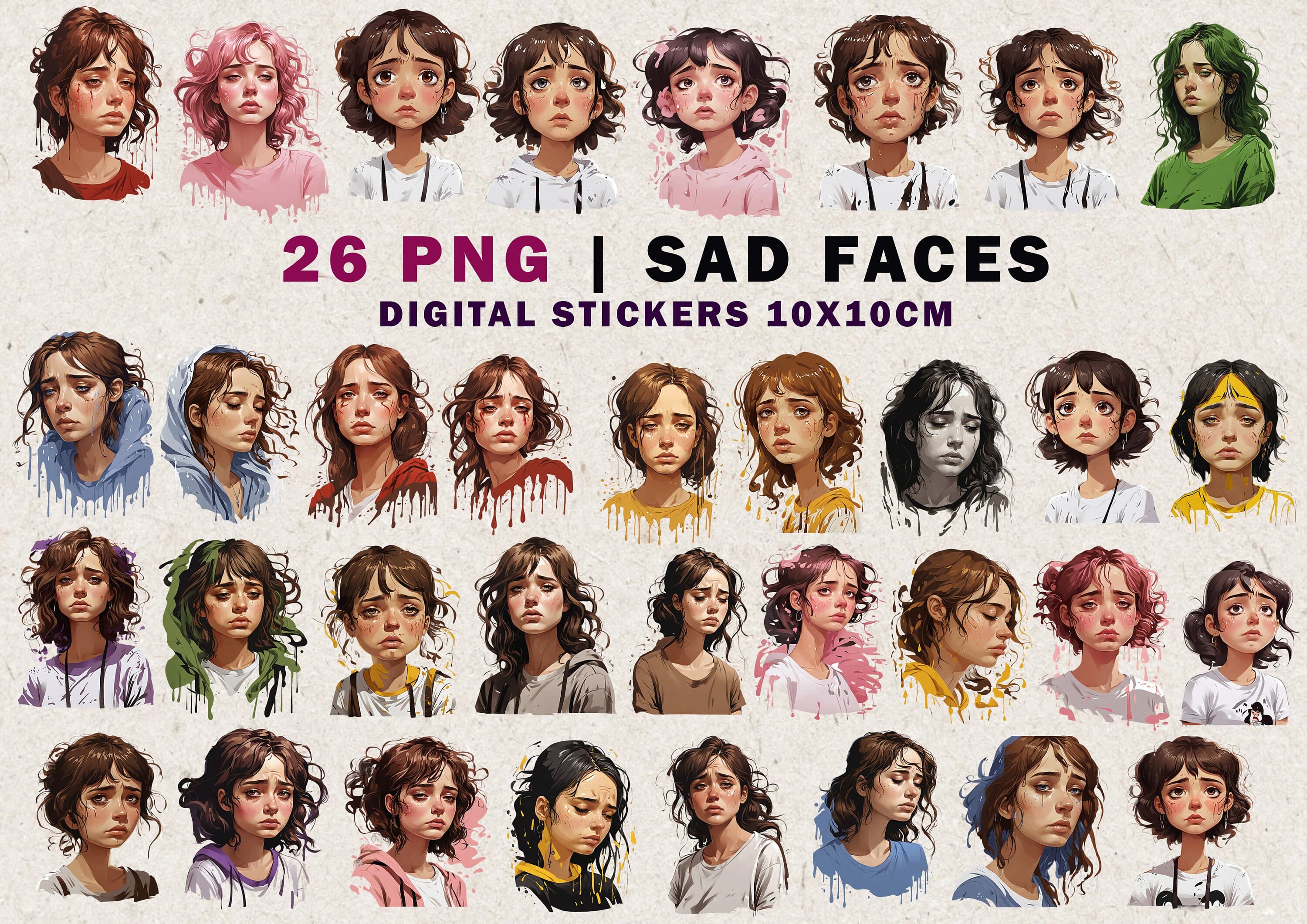 Sad Girl Faces PNG Stickers: Expressive Digital Art (26 PNG)