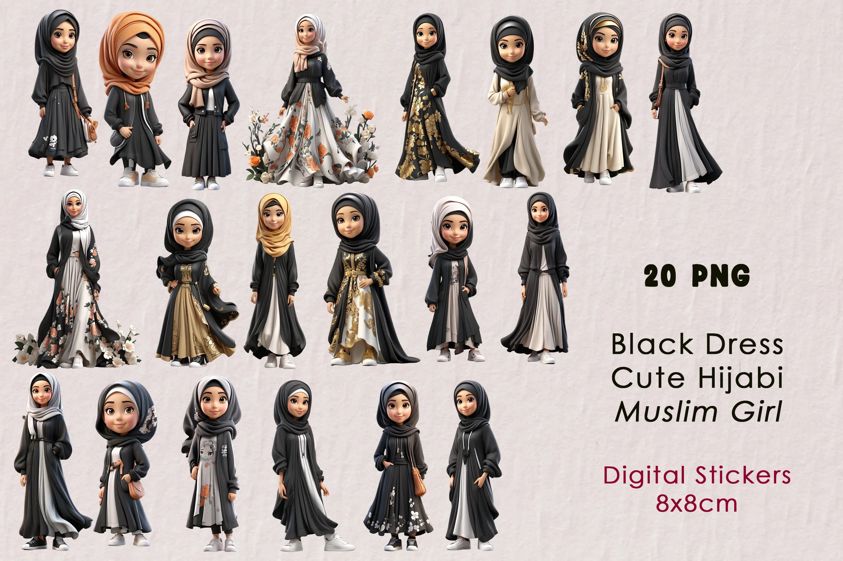 Muslim Hijabi Girl | Islamic Digital Planner Sticker | Cute Kids | Muslim Kid | Beautiful Girl With Hijab | Black Dress Clipart PNG | PINK