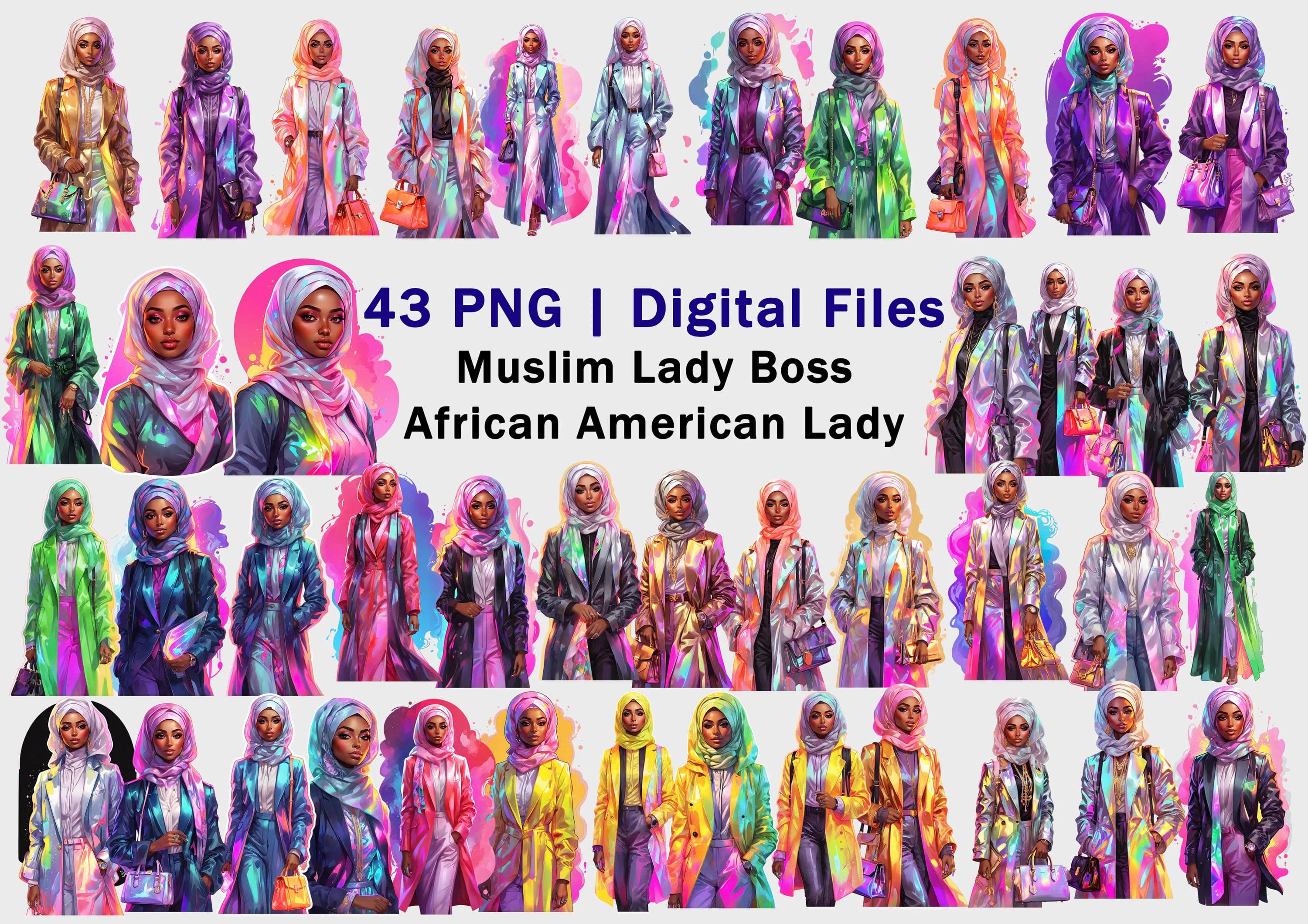 Hijab Woman | Digital File PNG | Cute Black American African Muslim Lady Boss | Hijab in Coat Blazer|  Princess Muslim | Islamic Girl Art