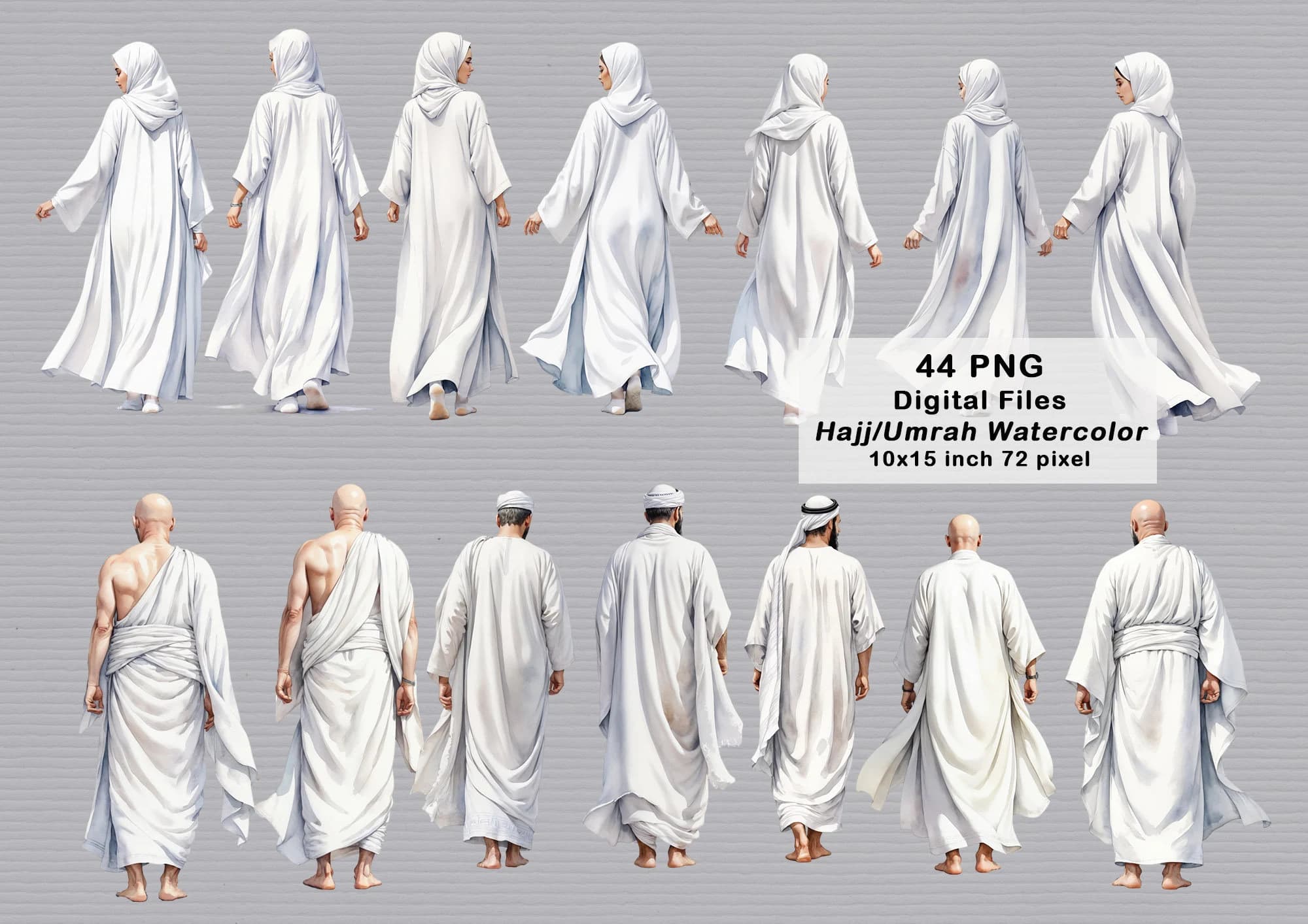 Muslim Hajj Umrah PNG | Digital Files Watercolor | Islamic Couple Back View | Ihram | Islamic Watercolor Elements | Muslim Couple | Family - image 5