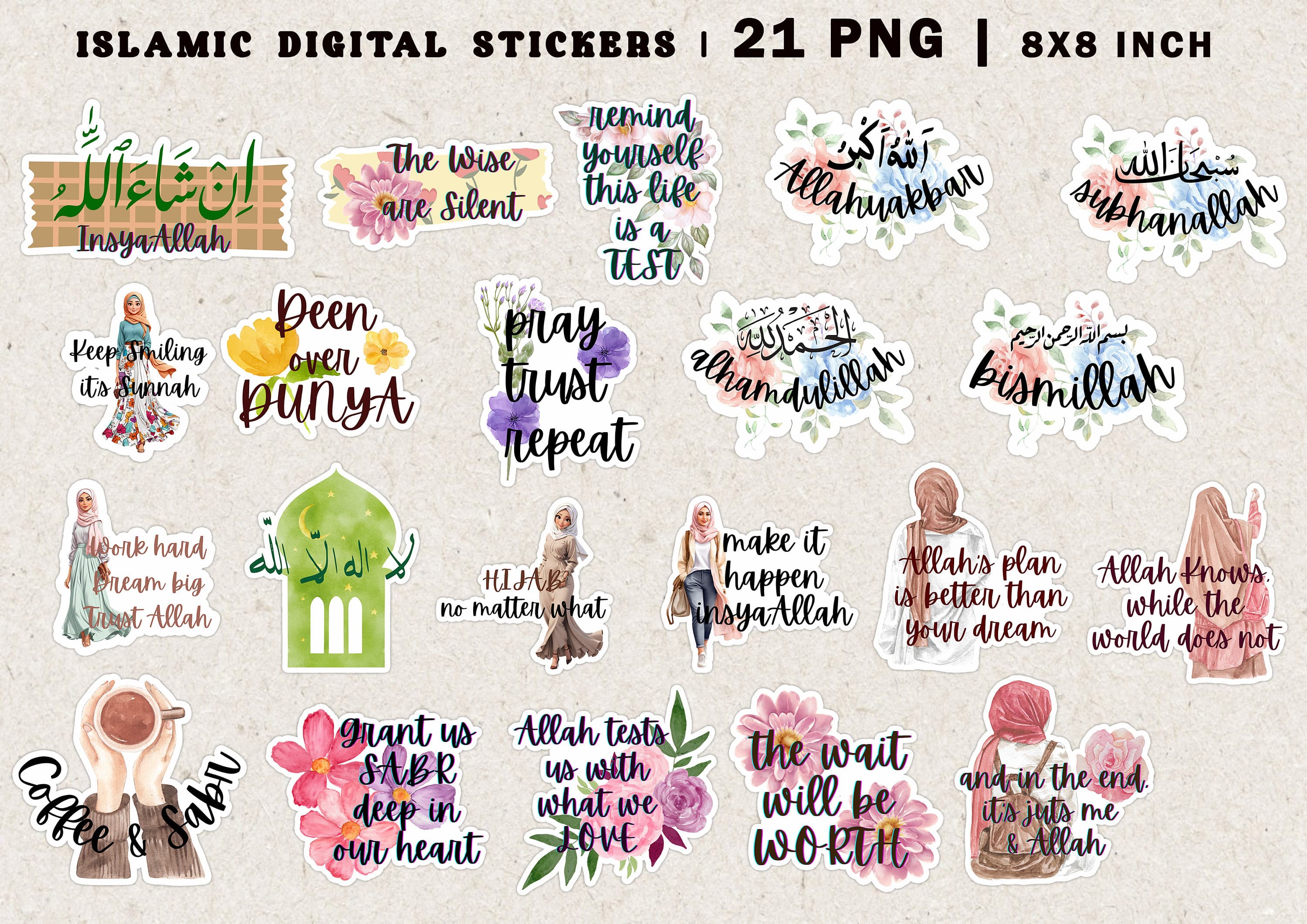 Islamic Digital Sticker Pack for iPad | Cute and Trendy Muslim PNG Sticker | Muslim Planner Digital Stickers |  Islamic Digital Artwork CUTE