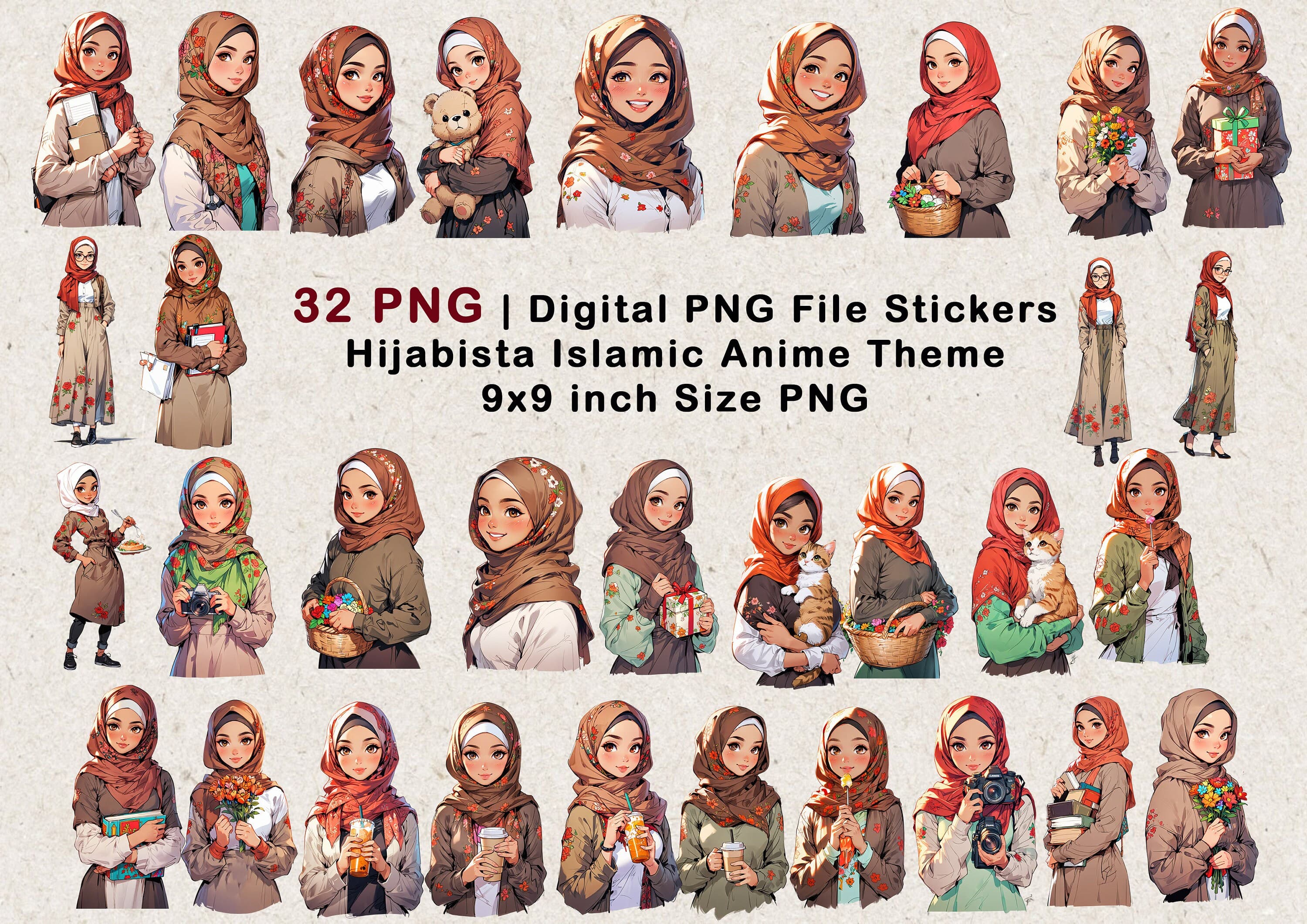 Muslim Hijab Girl | Islamic Digital Planner Sticker | Anime Hijab Muslim | Muslim Woman Brown | Beautiful Girl With Hijab | Digital File PNG