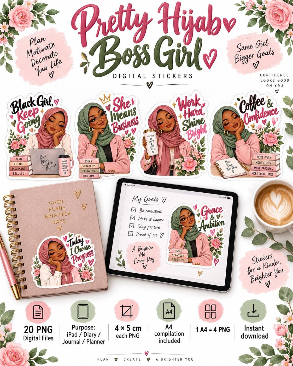 Pretty Hijab Boss Girl Digital Stickers PNG | 20 Black American Muslim Woman Planner Stickers | Motivational iPad Journal GoodNotes Stickers - image 3