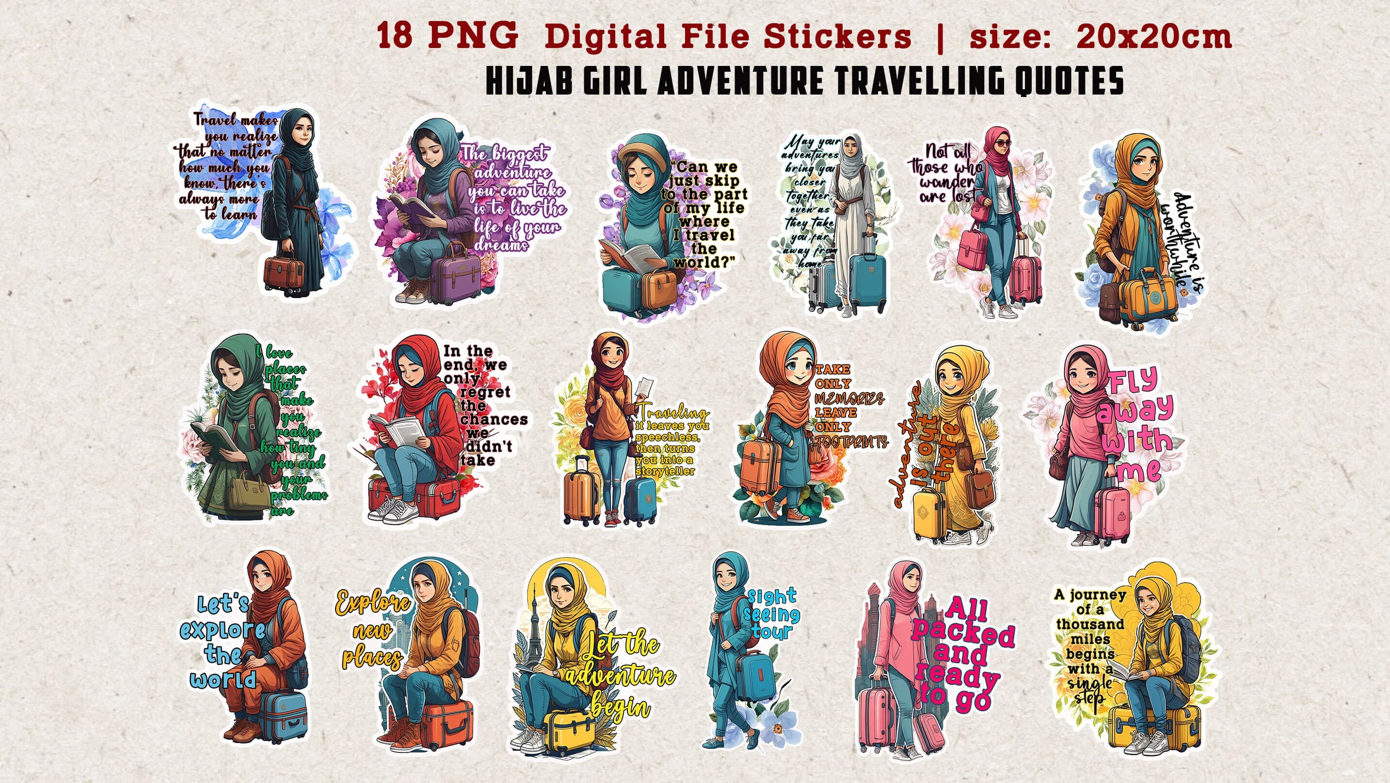 Islamic Digital Planner Sticker | Travel Digital Sticker | Hijab Travels Quotes | Muslimah | Ipad Goodnotes Digital Stickers | PNG File