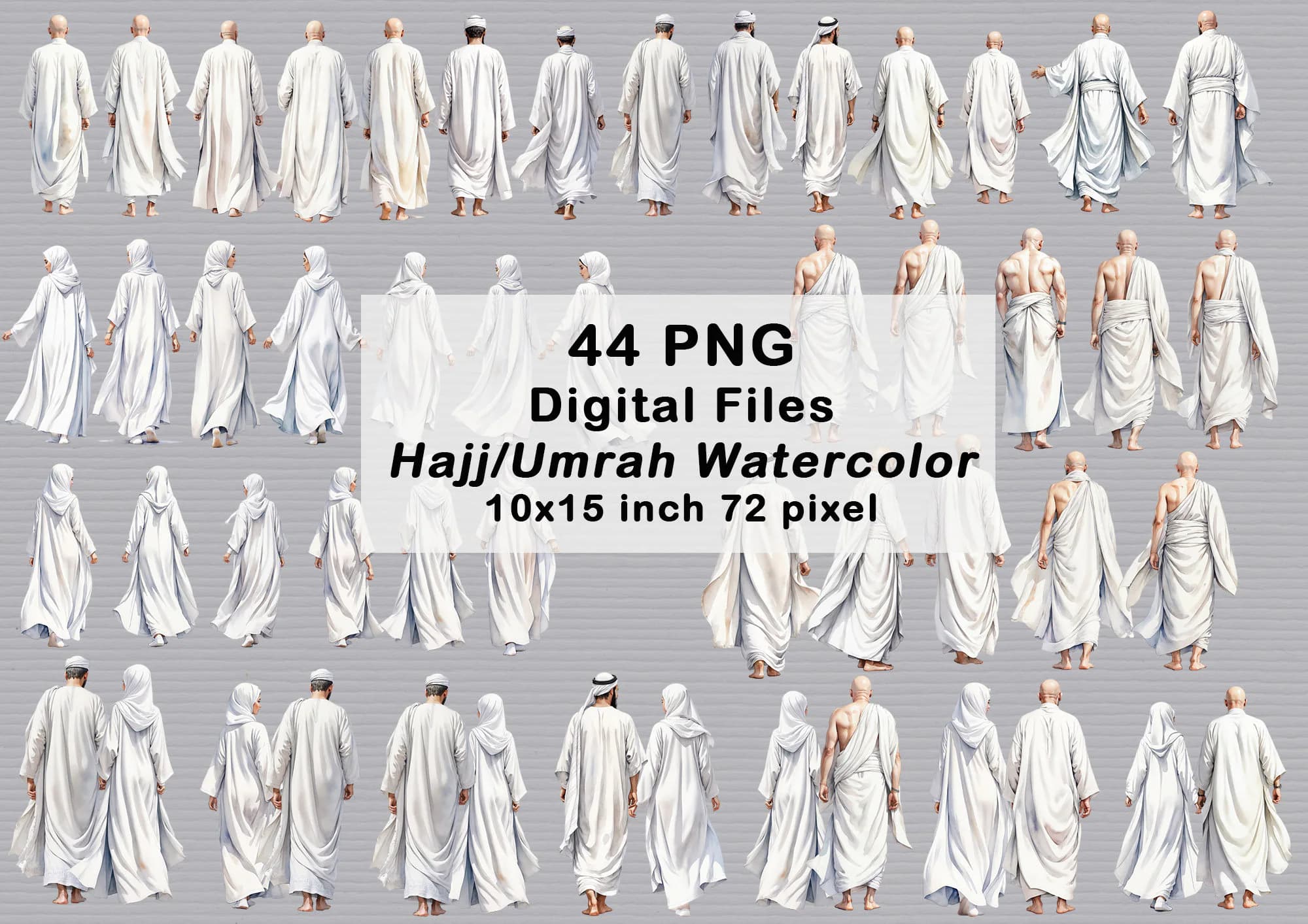 Muslim Hajj Umrah PNG | Digital Files Watercolor | Islamic Couple Back View | Ihram | Islamic Watercolor Elements | Muslim Couple | Family