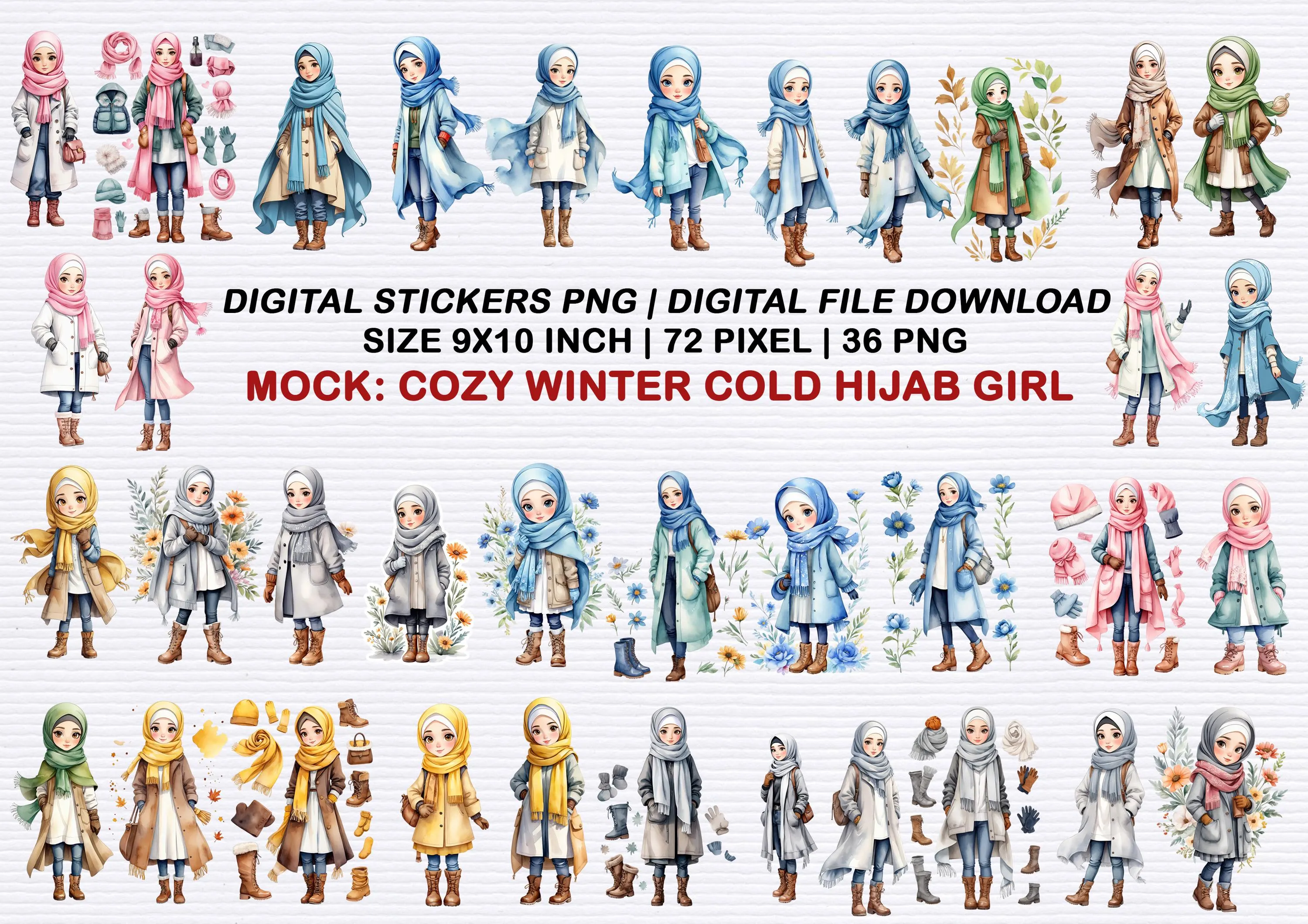 Muslim Hijab Girl Stickers: Cozy Winter PNG (Digital Download)