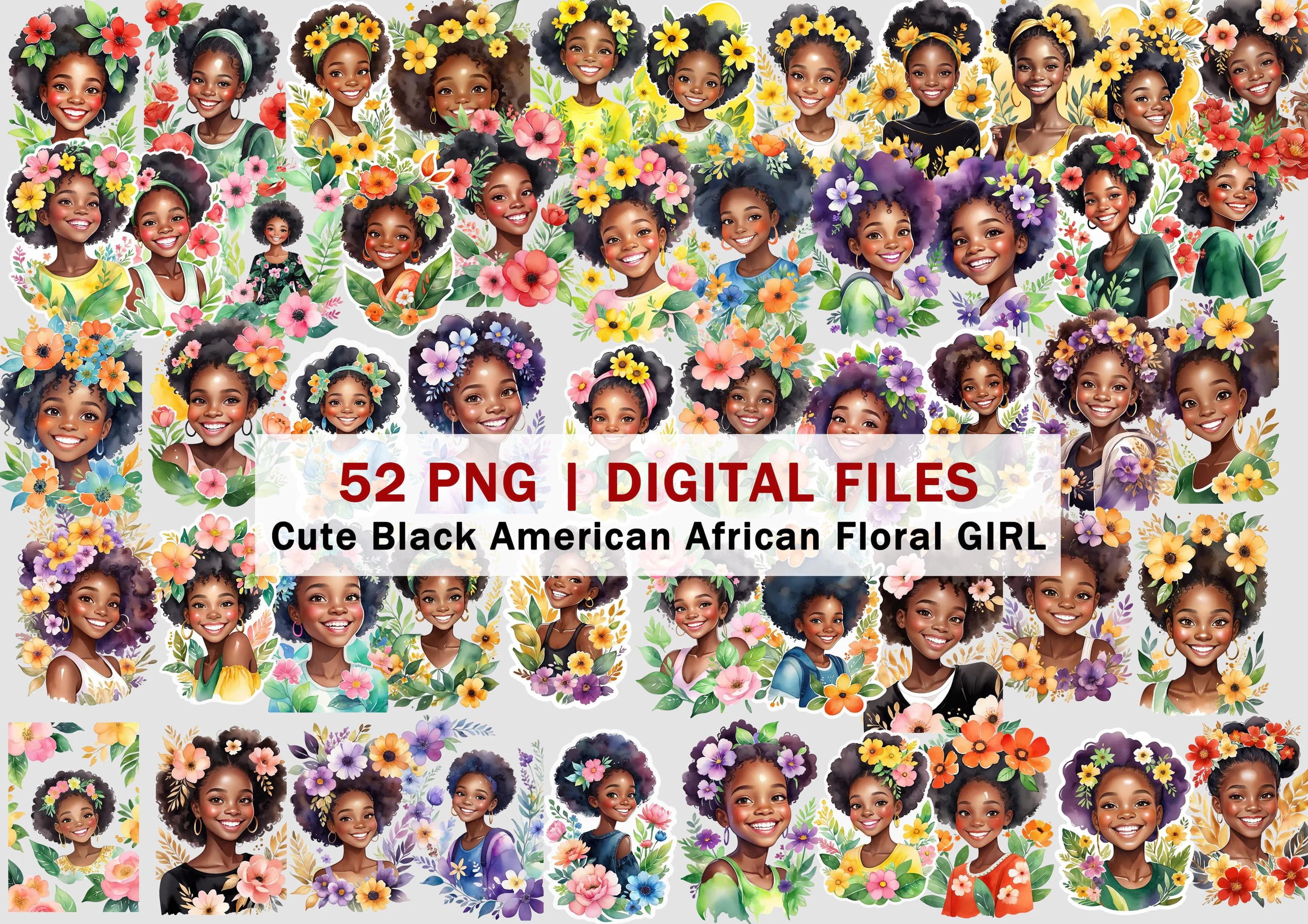 Floral Cute Black American African Girl | PNG Digital Stickers | Black Girl Plant Lovers | Flowers | Happy Black Girl | Afro Black Girl PNG