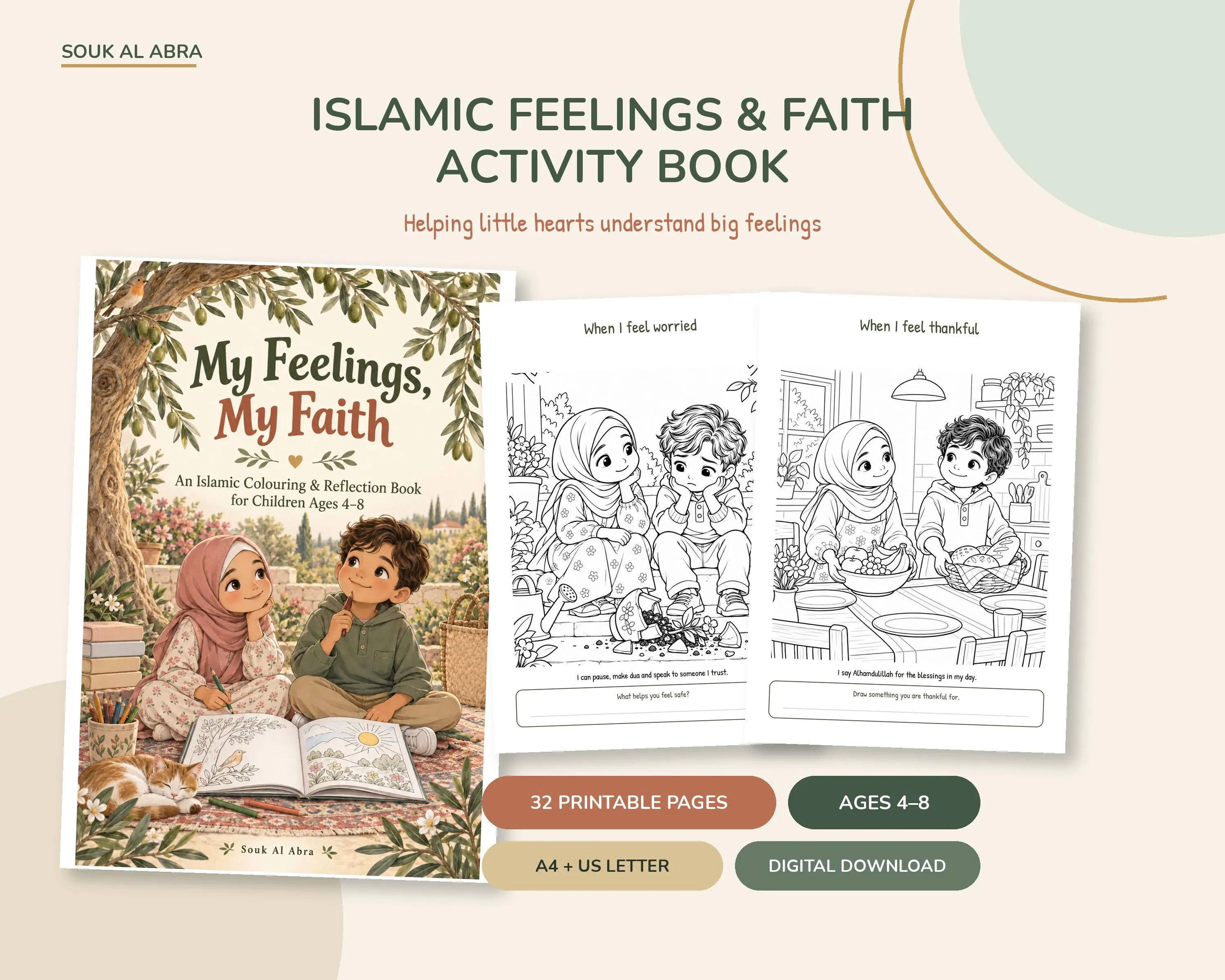 Islamic Coloring Book for Kids, Muslim Feelings and Faith Activity Book, Printable PDF Ages 4 to 8, A4 and US Letter