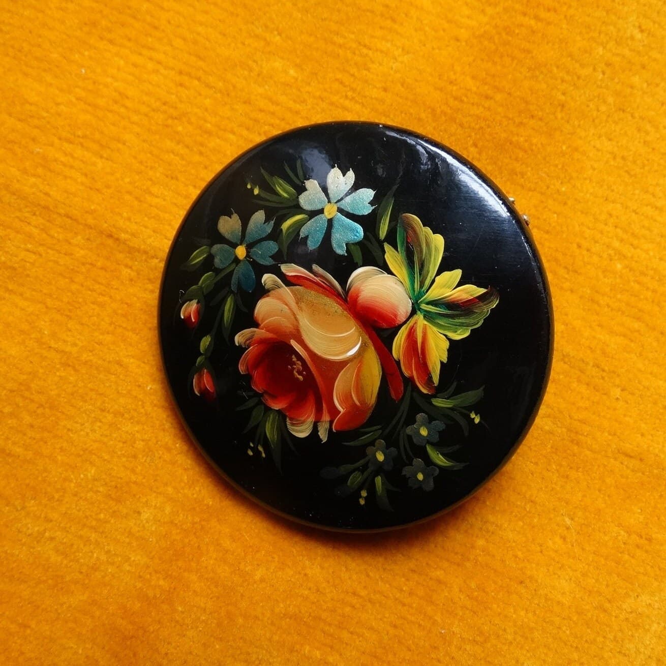 Vintage Hand Painted Russian Lacquer Brooch, Floral Design