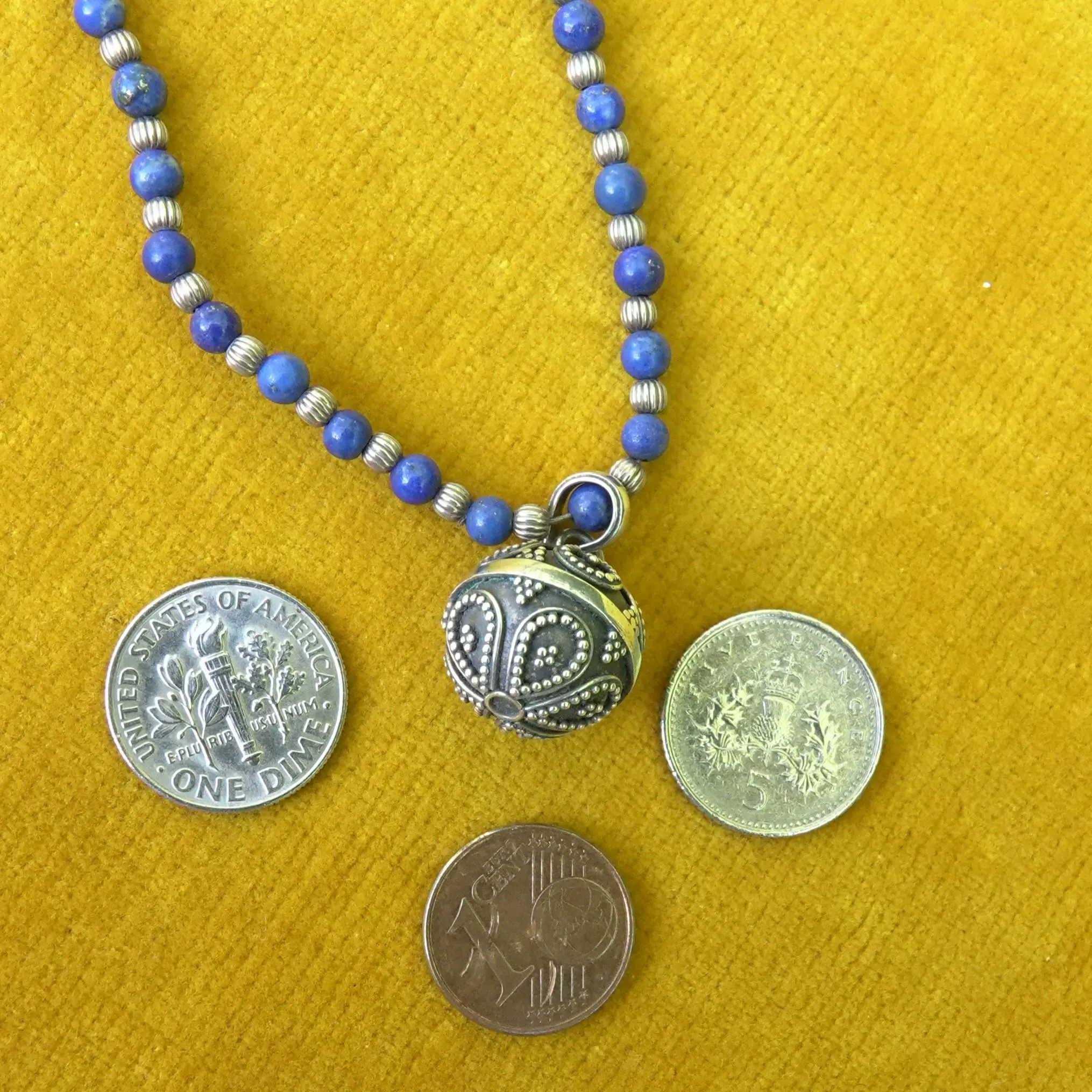 Silver & Lapis Lazuli necklace with coins for scale