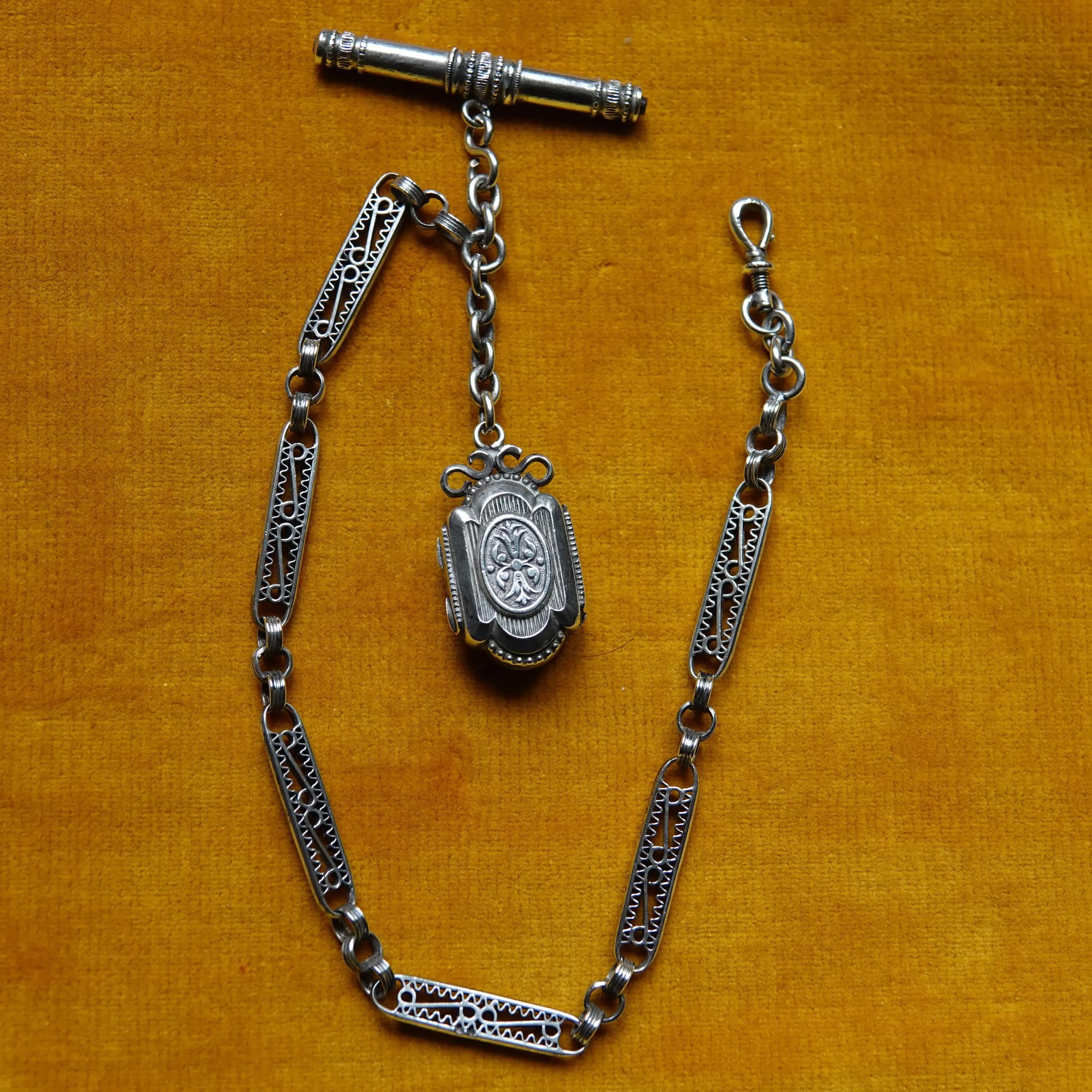 Antique silver Albert, T bar watch key & fob locket with Damaged hinge, Watch NFS