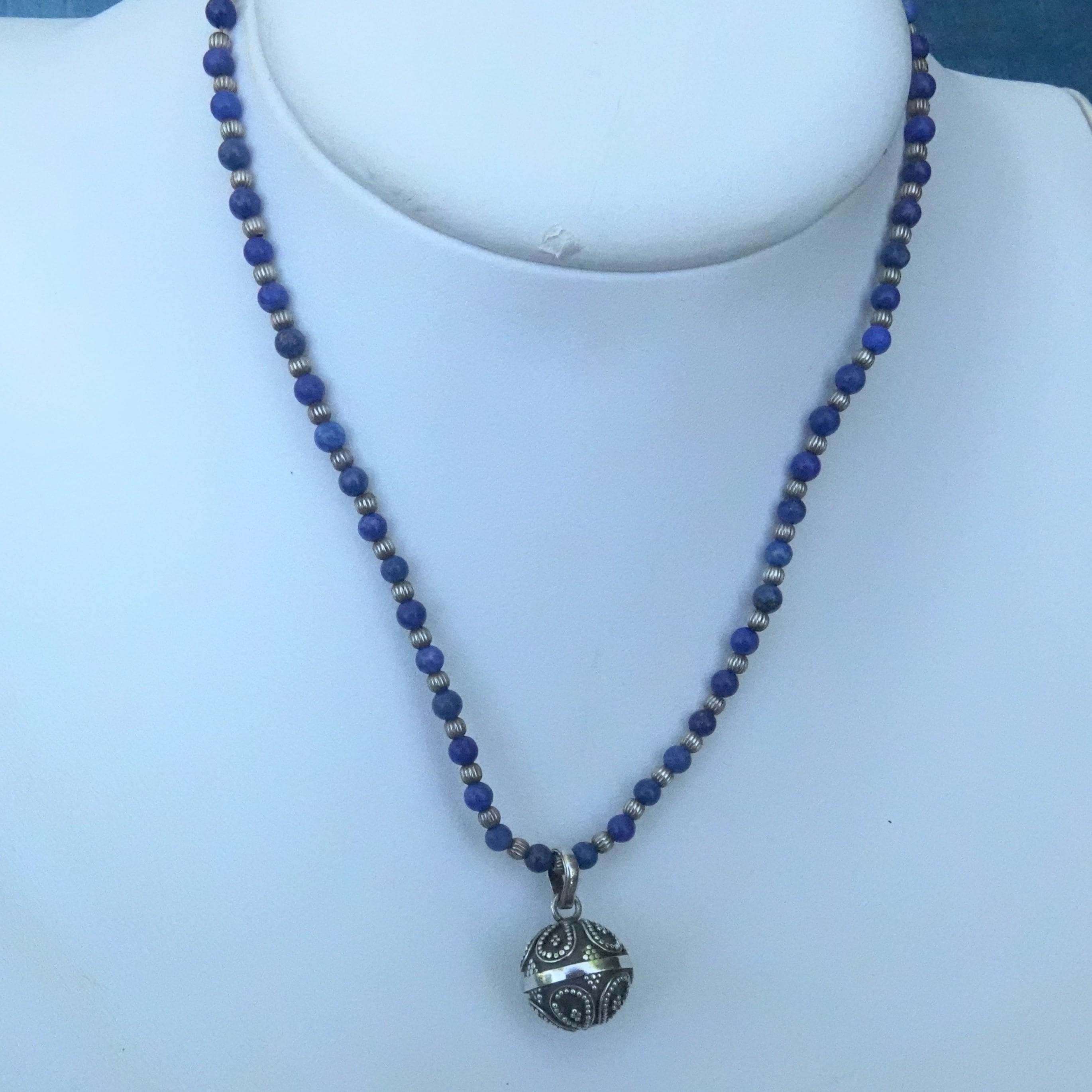 Lapis Lazuli & silver necklace, Blue stone and silver bead collar by Claude Dasque