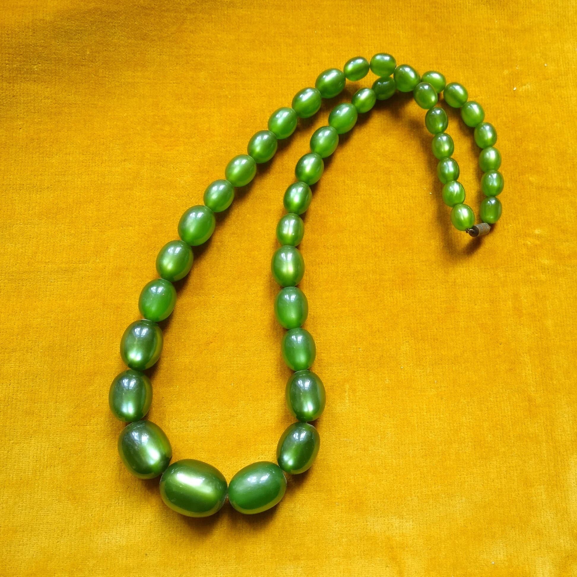 Necklace with green plastic satin look beads/Mid century costume jewellery - image 3
