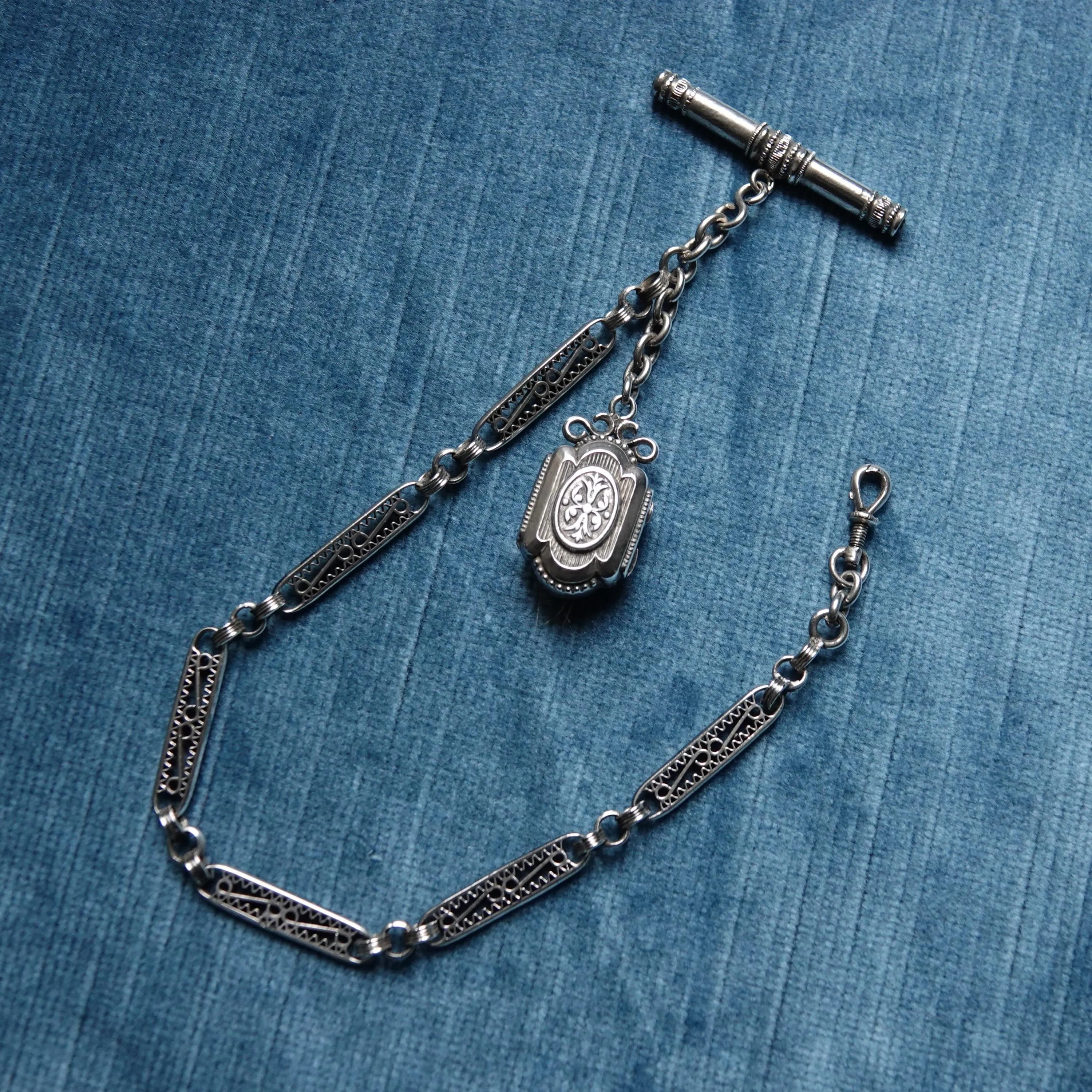 Antique French silver watch chain with T bar key and locket fob