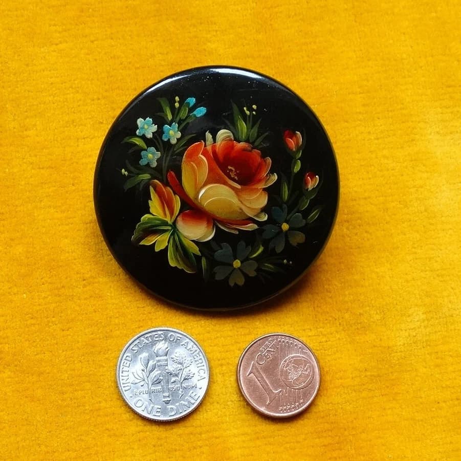 Vintage Hand Painted Russian Lacquer Brooch, Floral Design - image 3