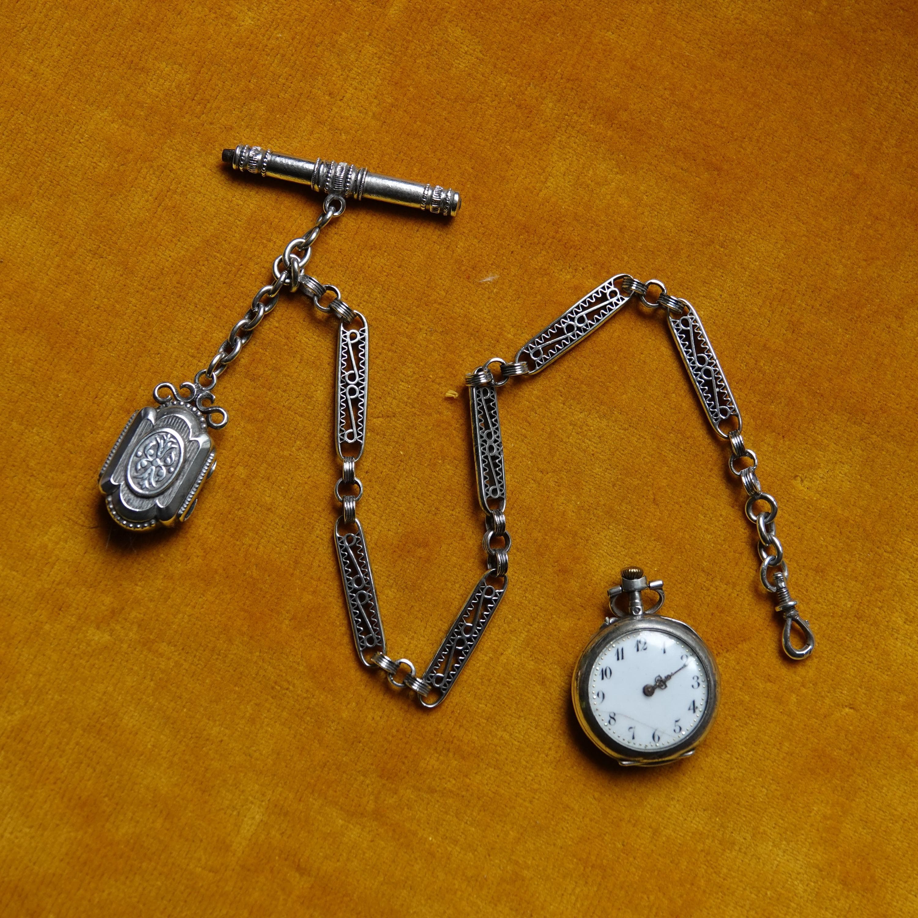 Silver Albert with watch to show its purpose
