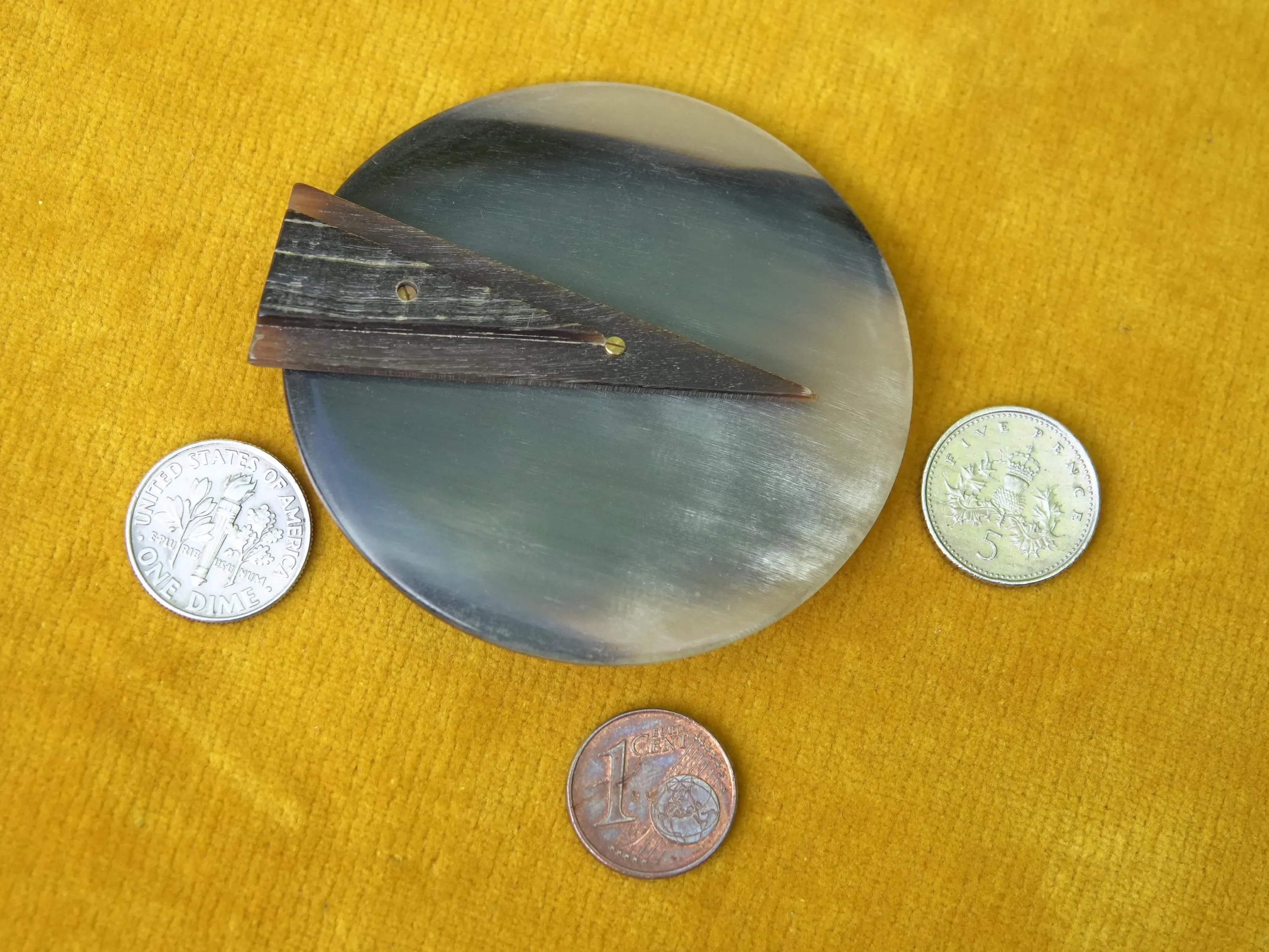 Horn designer brooch with coins for size comparison