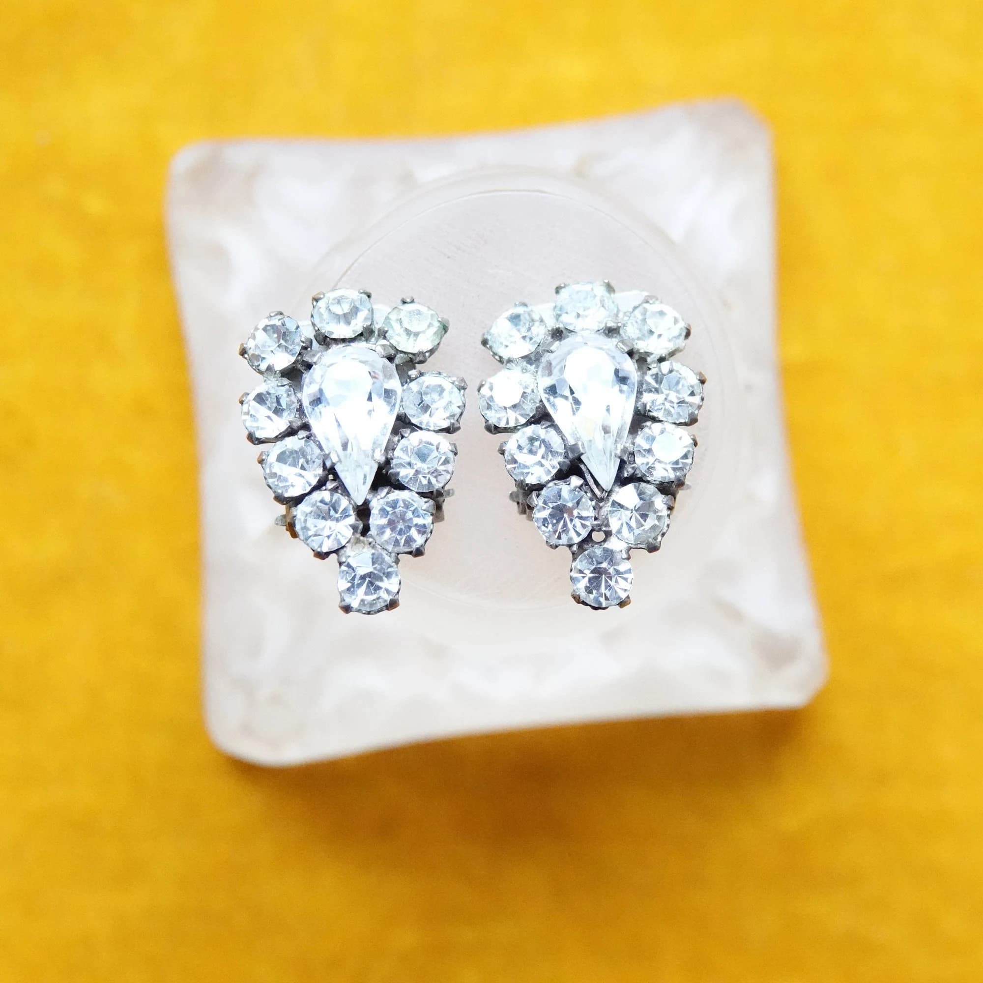 Vintage Rhinestone Teardrop Clip On Earrings, 1930s Art Deco