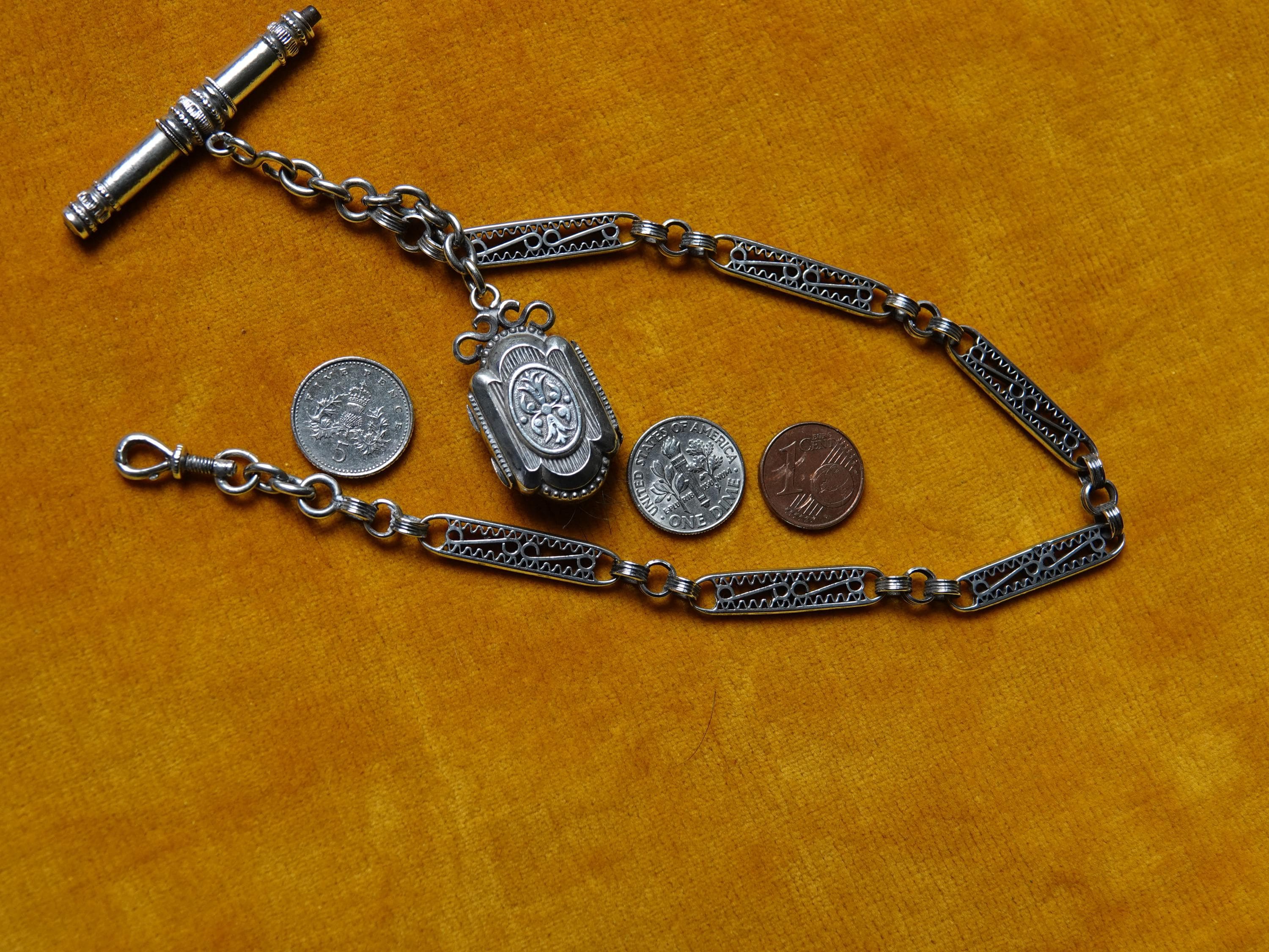 Silver Albert with coins for scale