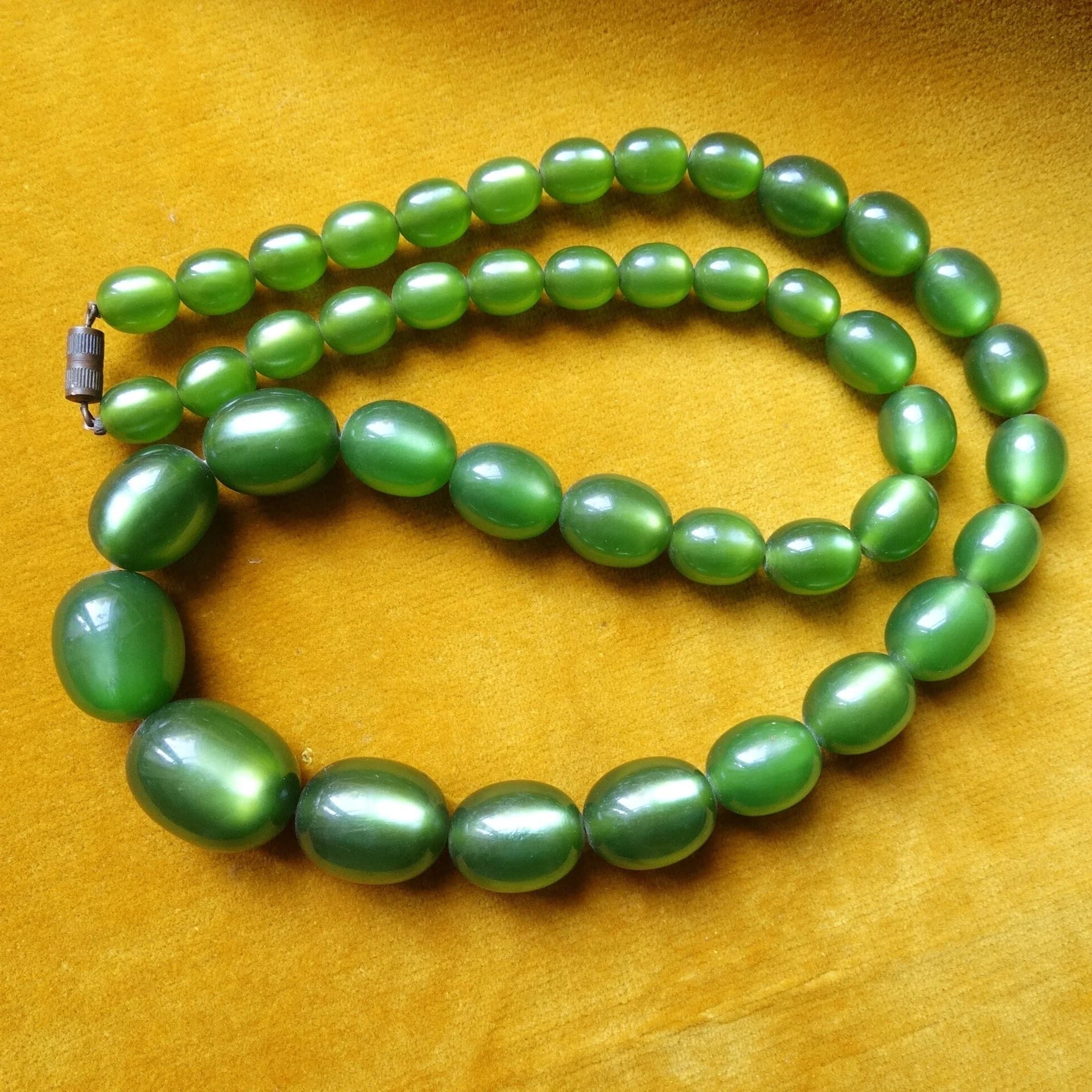 Necklace with green plastic satin look beads/Mid century costume jewellery - image 4