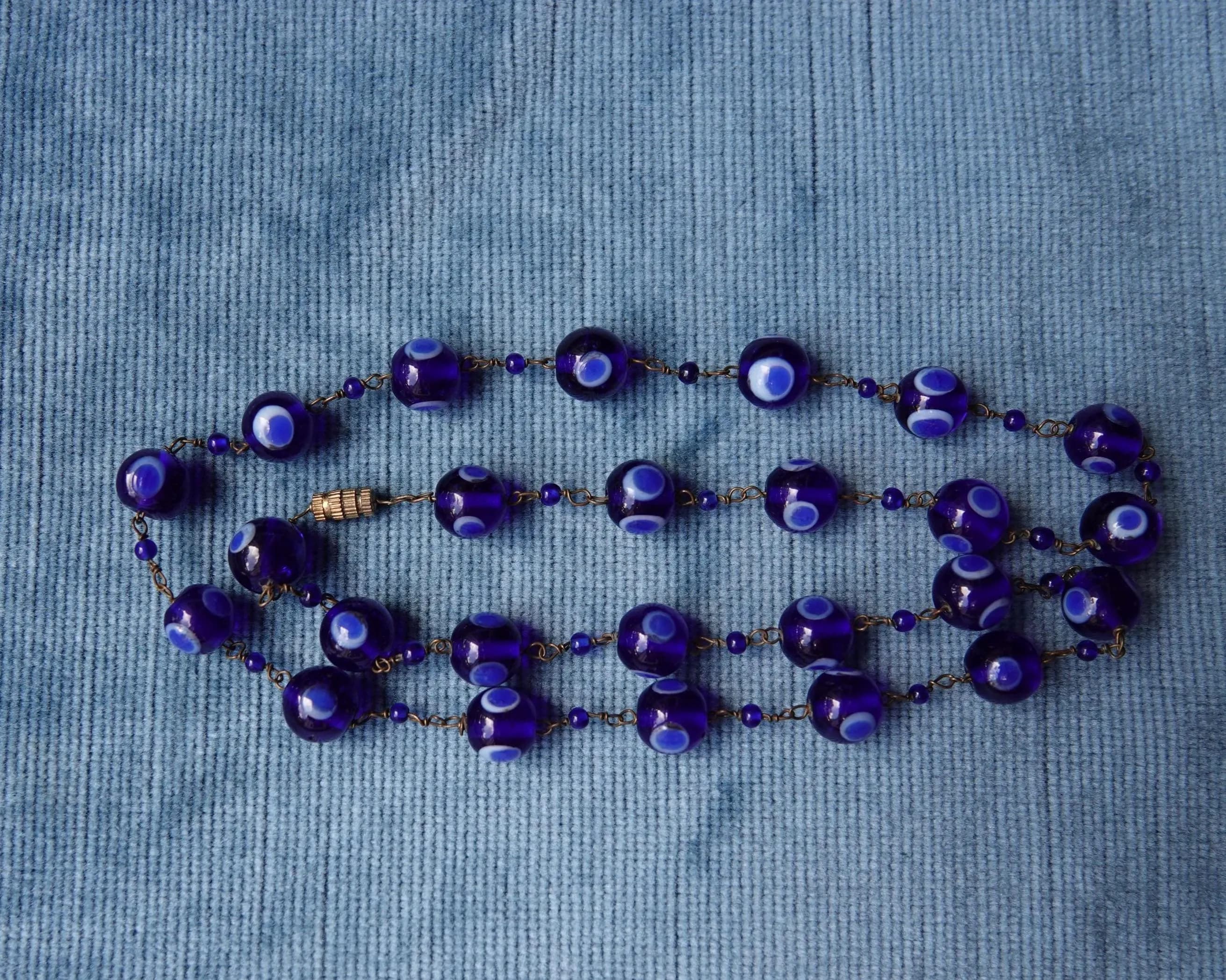 Cobalt Blue Thousand Eyes Necklace, Vintage Venetian Style Glass Bead Collar