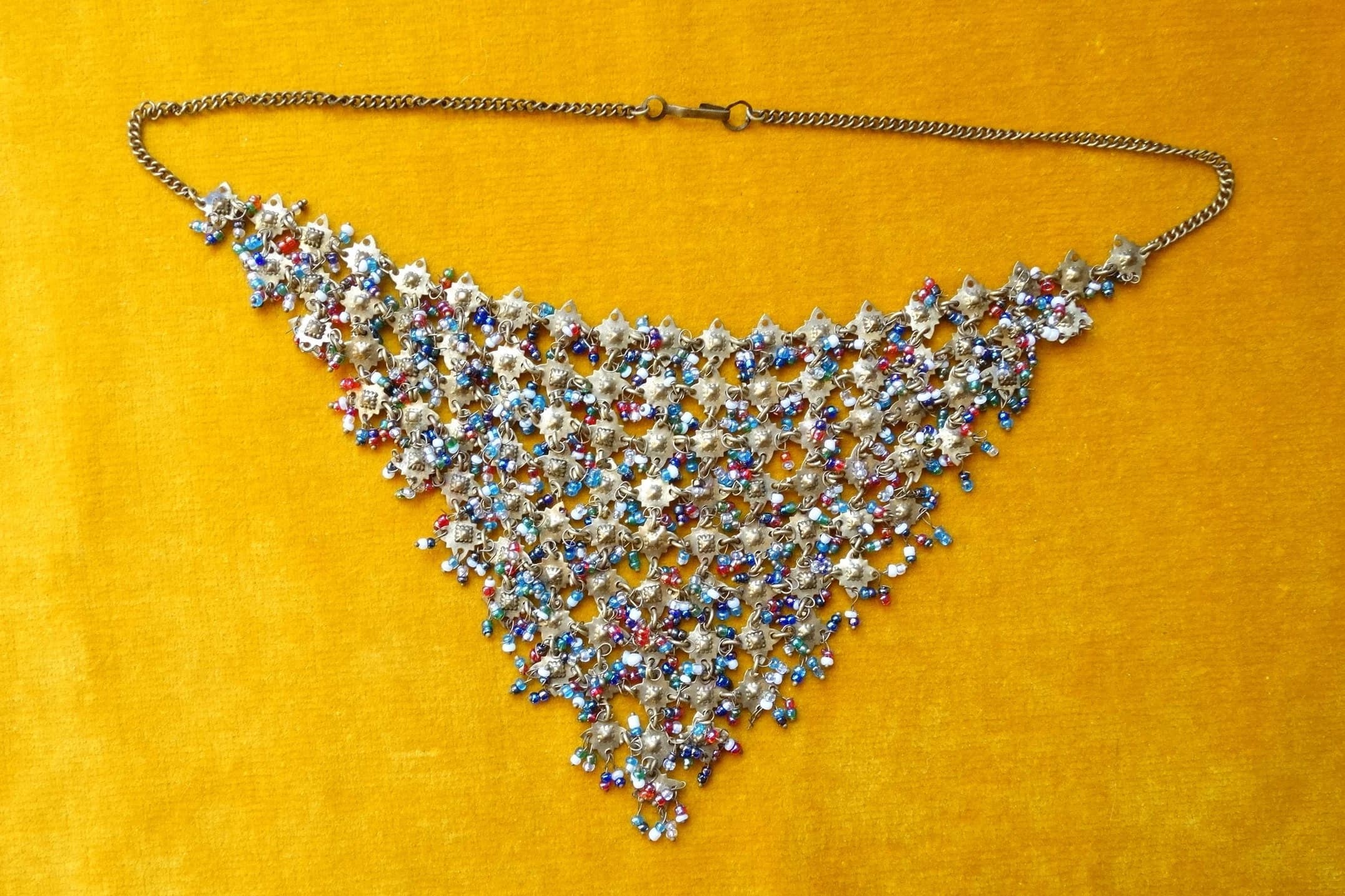 Bib necklace, Miriam Haskell style/Vintage cascade choker/Beaded brass collar/Triangular collar/Costume jewellery/Rainbow beaded necklace - image 3