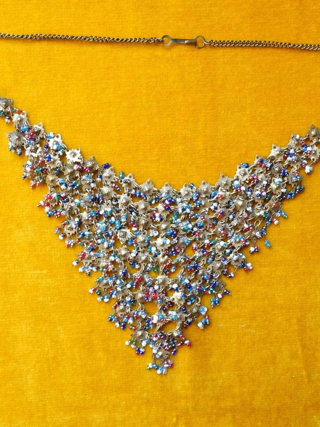 Bib necklace, Miriam Haskell style/Vintage cascade choker/Beaded brass collar/Triangular collar/Costume jewellery/Rainbow beaded necklace - image 4