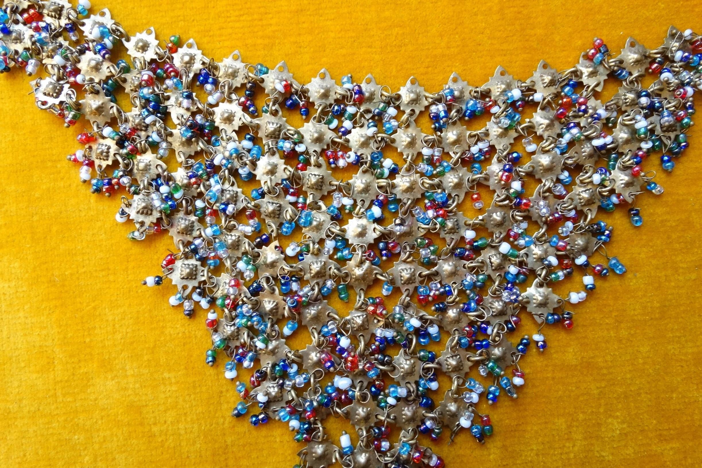 Bib necklace, Miriam Haskell style/Vintage cascade choker/Beaded brass collar/Triangular collar/Costume jewellery/Rainbow beaded necklace