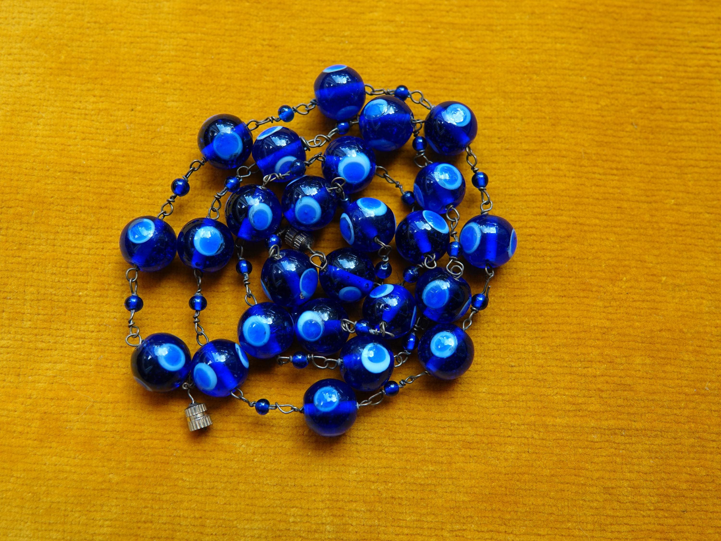 Cobalt Blue Thousand Eyes Necklace, Vintage Venetian Style Glass Bead Collar