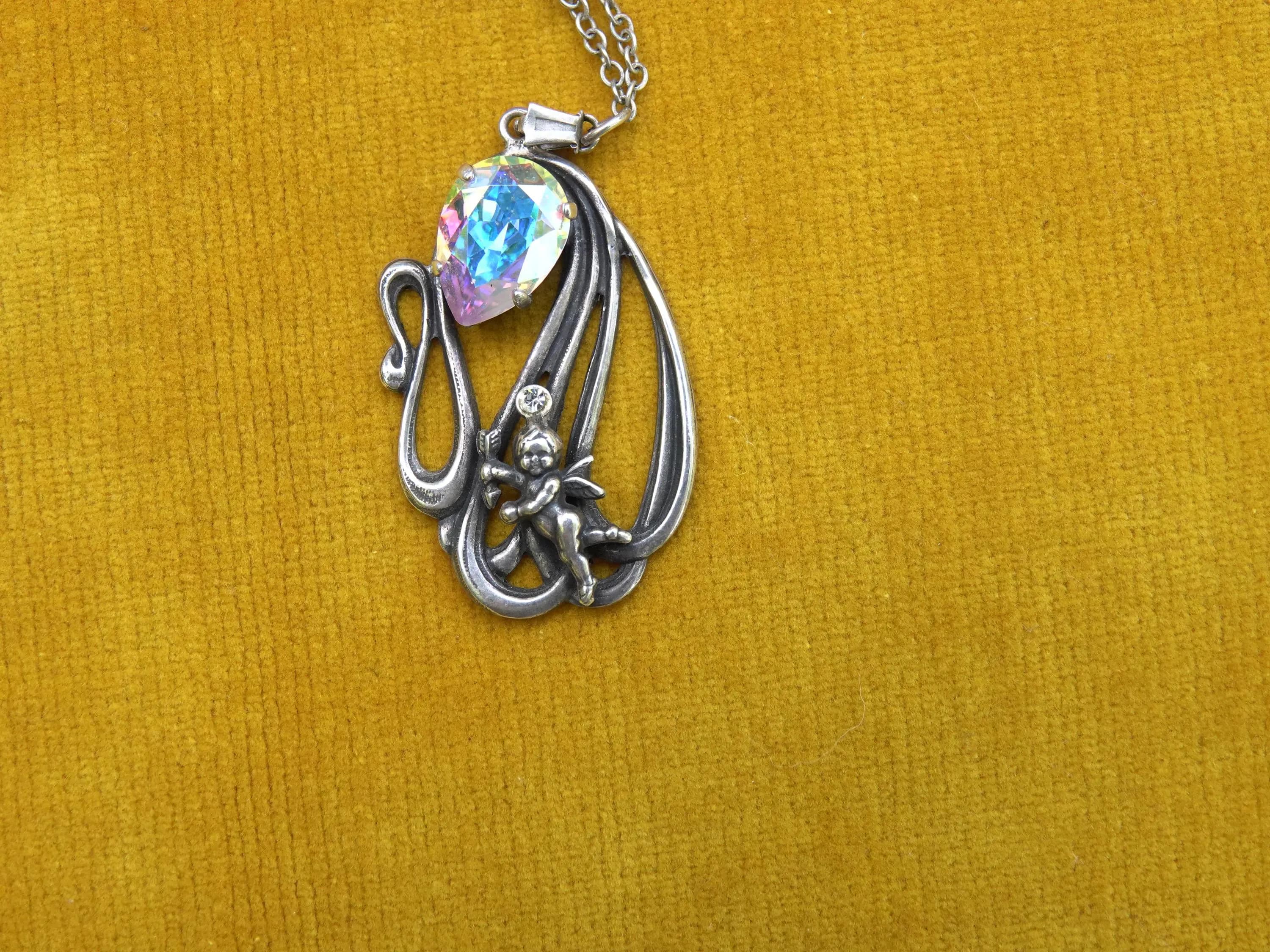 AB & cherub pendant necklace/Vintage art nouveau style Cupid in silver tone metal