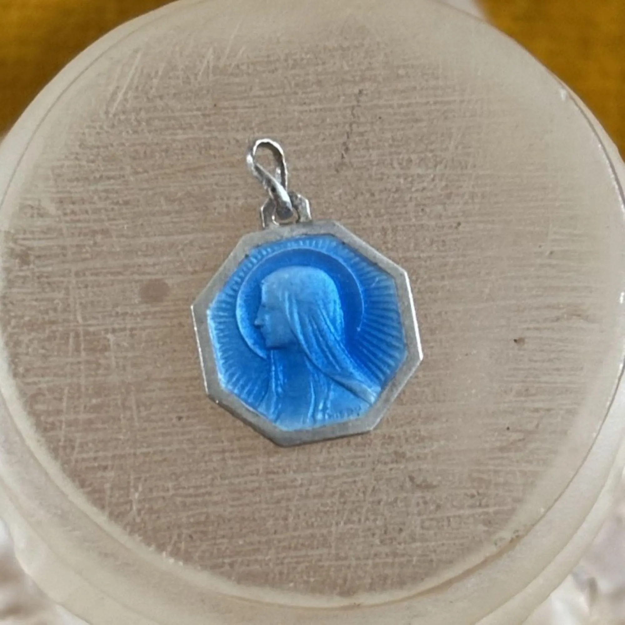 Lourdes Souvenir Medal. Tiny French Silver & Enamel Religious Charm