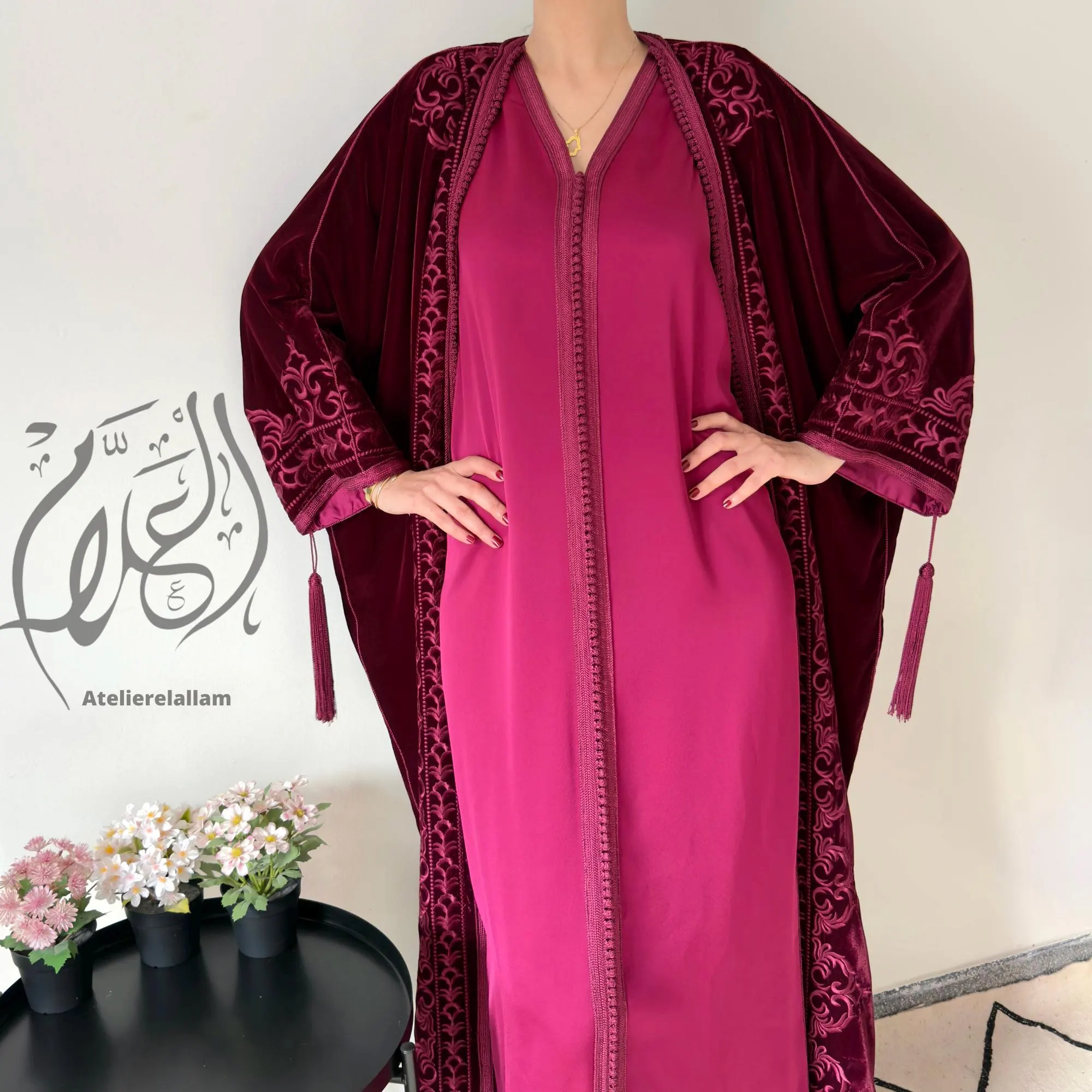Moroccan Silk Velvet Burgundy Kaftan – New Summer 2026 Collection, Islamic dress, Arabic kimono set, Embroidered dress for all occasions. - image 5