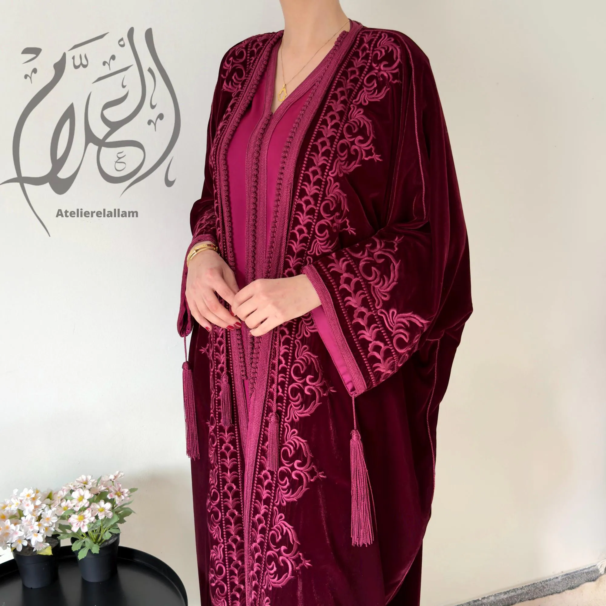 Moroccan Silk Velvet Burgundy Kaftan – New Summer 2026 Collection, Islamic dress, Arabic kimono set, Embroidered dress for all occasions. - image 3