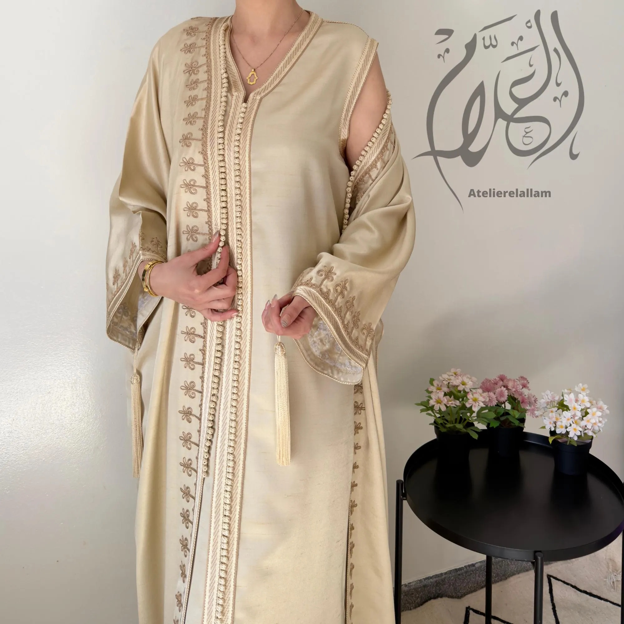 Luxury Cream Silk Shantung Caftan Set with Handmade Sfifa Mramma - New Summer 2026 Collection, Wedding guest kaftan, Arabic kimono set. - image 3