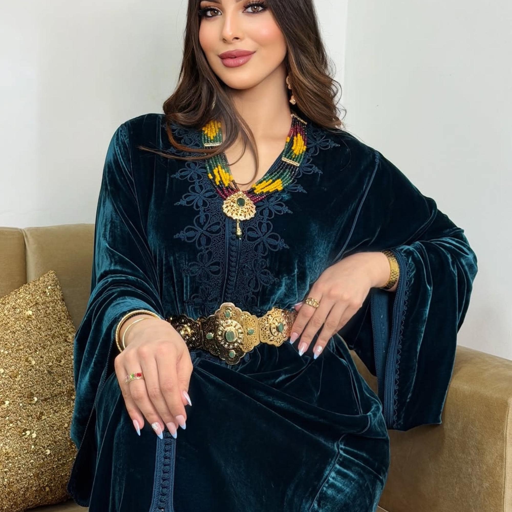 100% silk velvet Moroccan caftan, Embroidered Summer kaftan, Eid Abaya, Arabic dress.