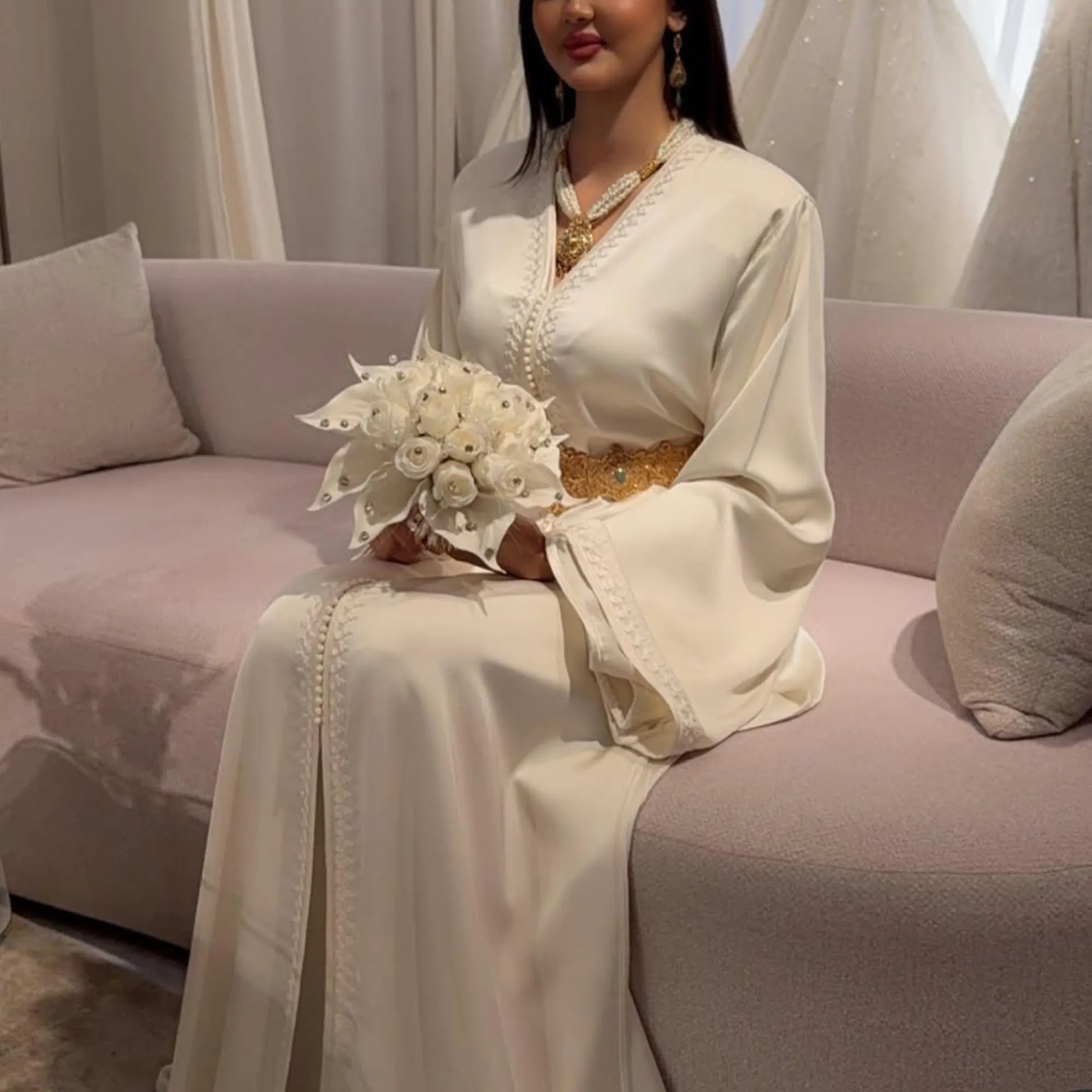 Off-White Bridal Takchita – Moroccan Nikkah Kaftan with Embroidery – Handmade Wedding Takchita with Belt – Arabic dress – Engagement Abaya. - image 4