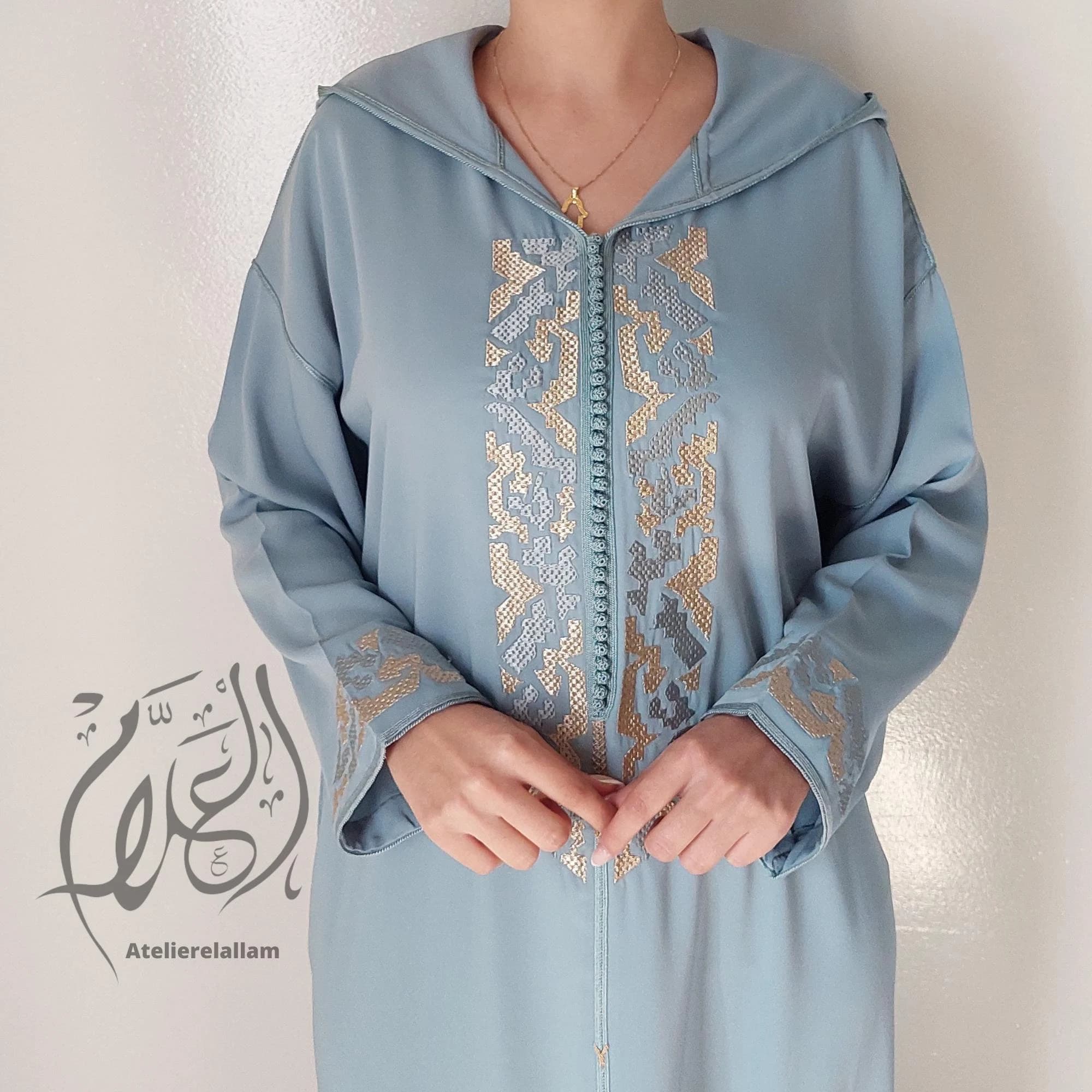 Moroccan ramadan blue jellaba, Trendy cross stitch embroidery djellaba, Moroccan dress for Eid al fitr 2026, Hooded caftan, Gift for her.