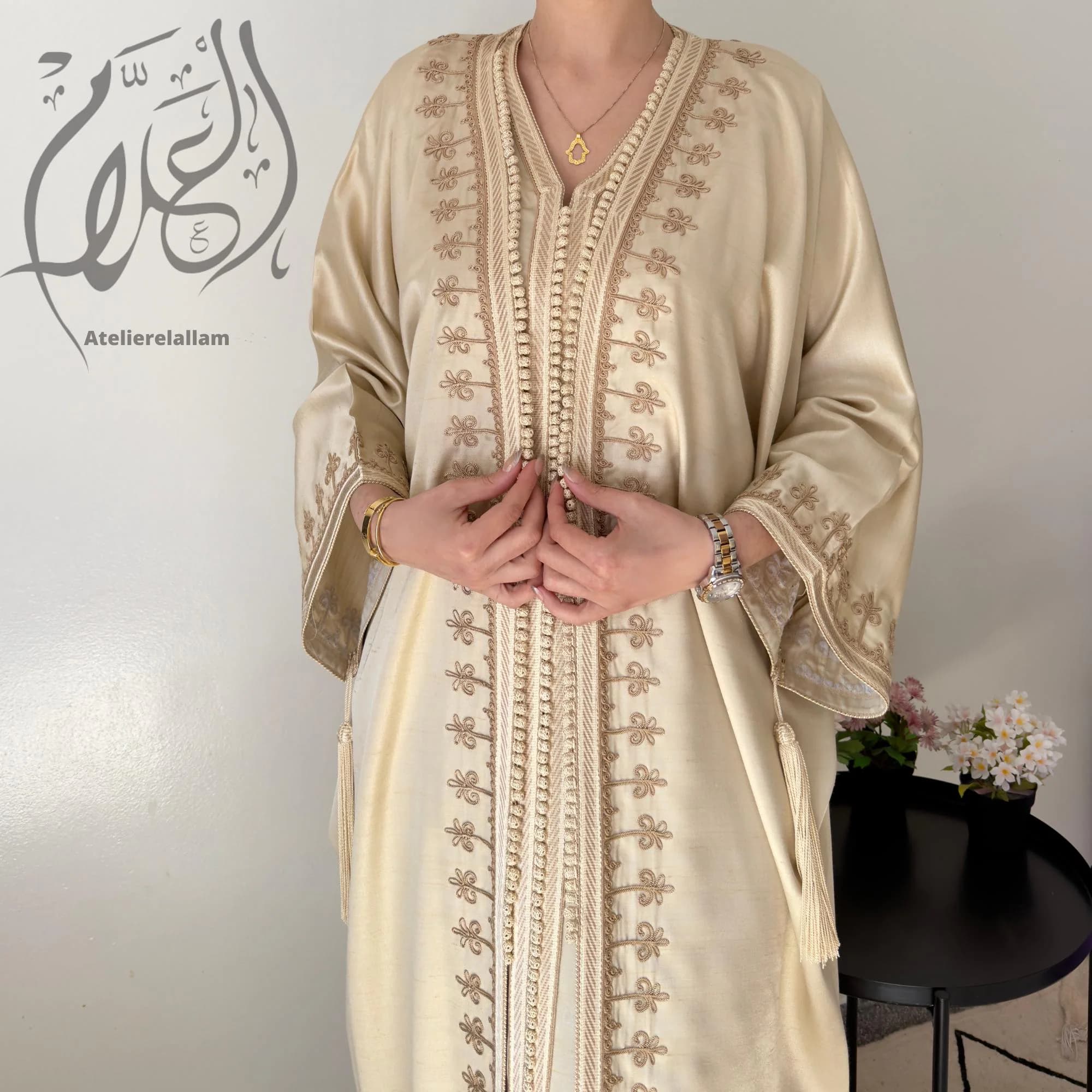 Luxury Cream Silk Shantung Caftan Set with Handmade Sfifa Mramma - New Summer 2026 Collection, Wedding guest kaftan, Arabic kimono set.