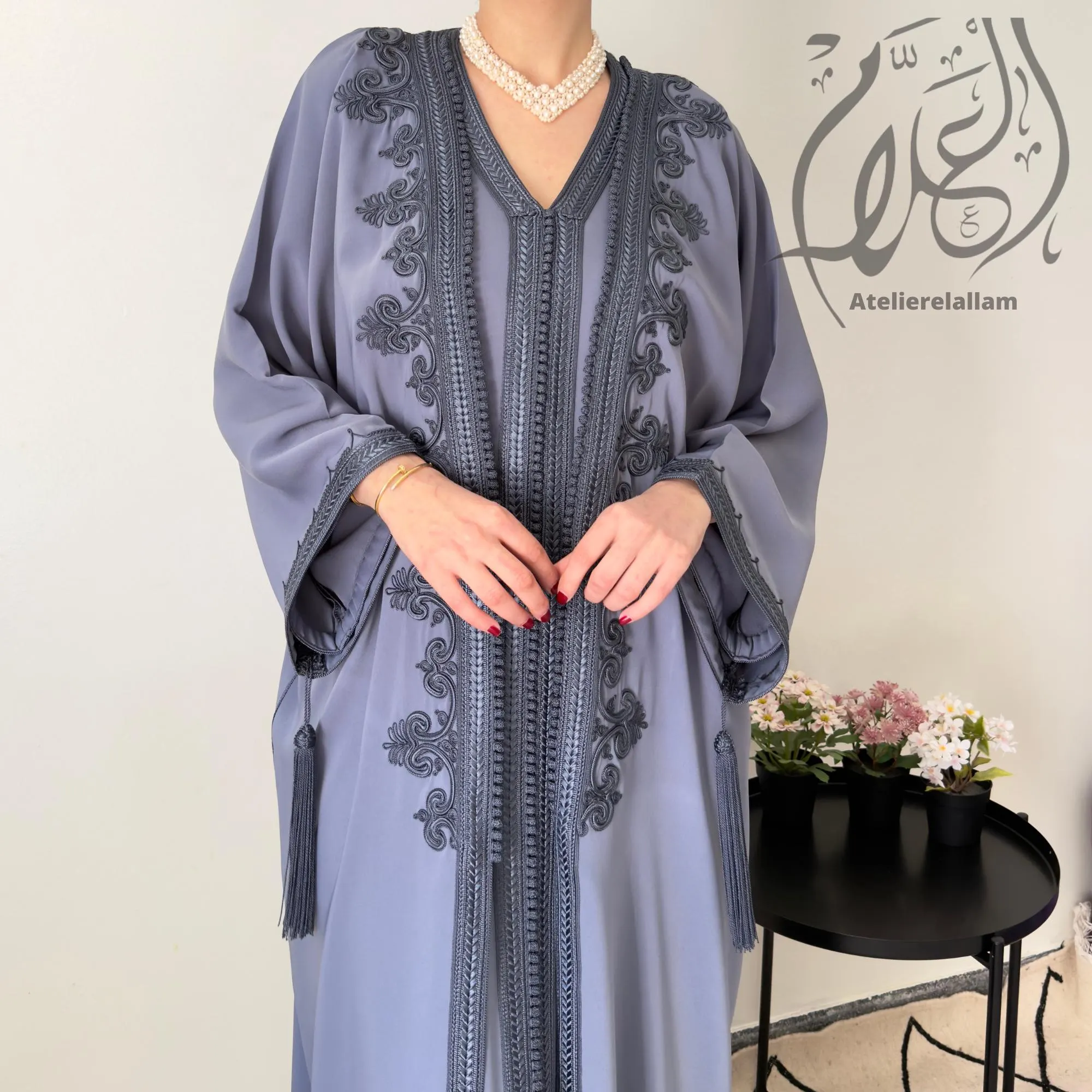 Moroccan dark grey Caftan set – New Summer 2026 Collection, Islamic dress, Arabic kimono set.