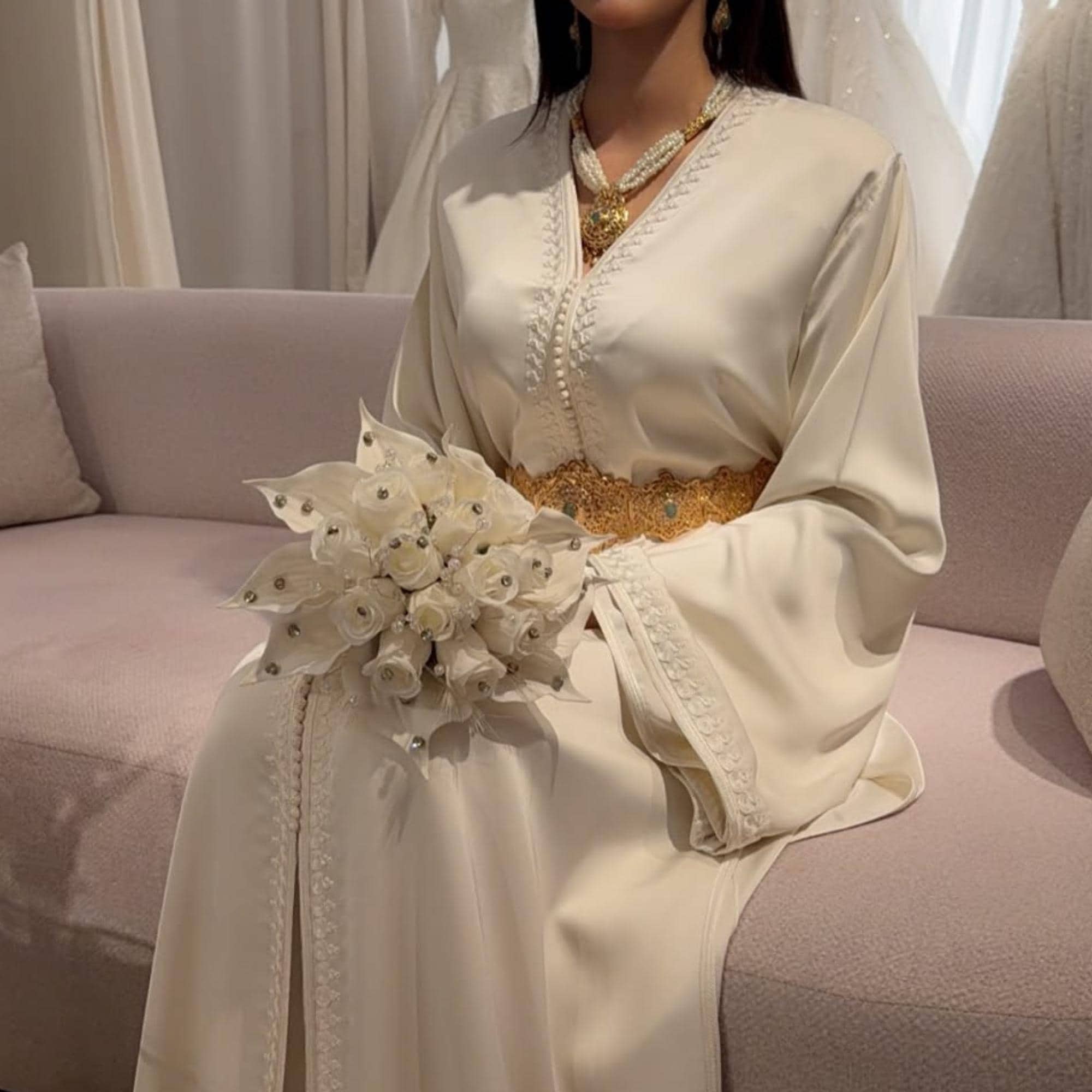 Off-White Bridal Takchita – Moroccan Nikkah Kaftan with Embroidery – Handmade Wedding Takchita with Belt – Arabic dress – Engagement Abaya.