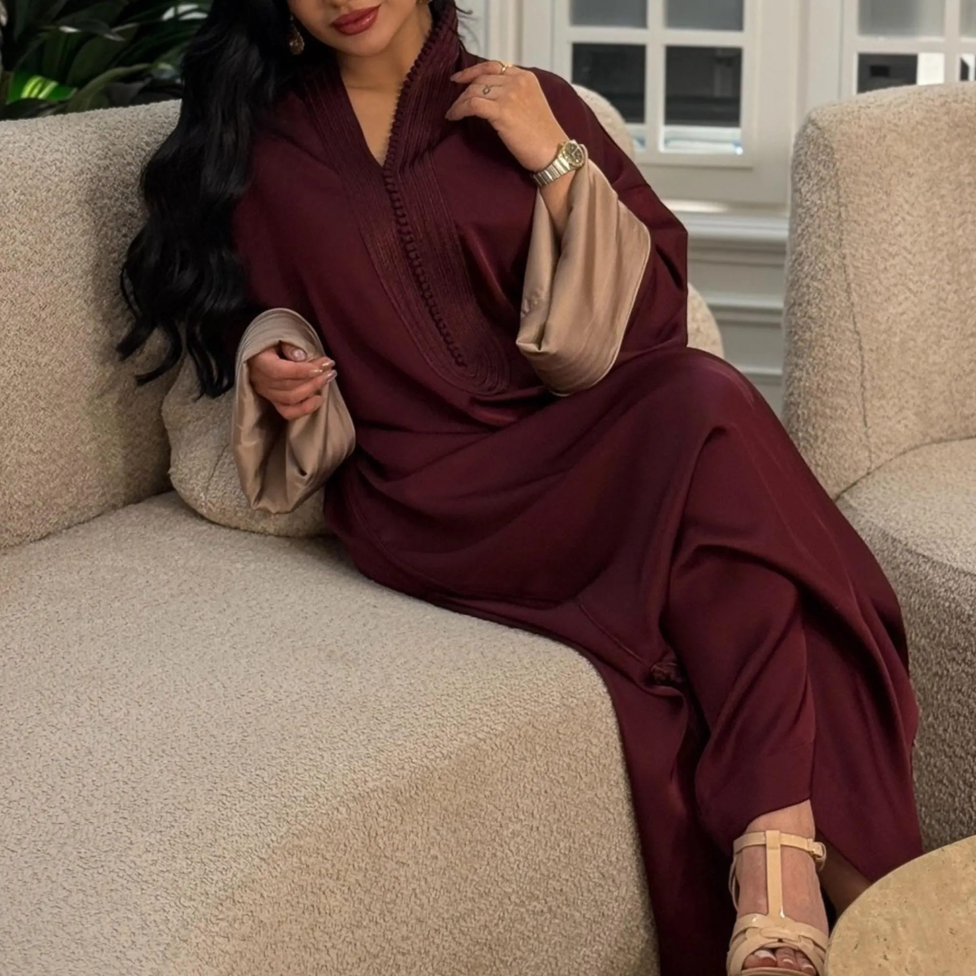 Burgundy Silk Moroccan Caftan Dress – Elegant Arabic Abaya for Weddings, Eid & Special Occasions | Summer Kaftan for Women. - image 4