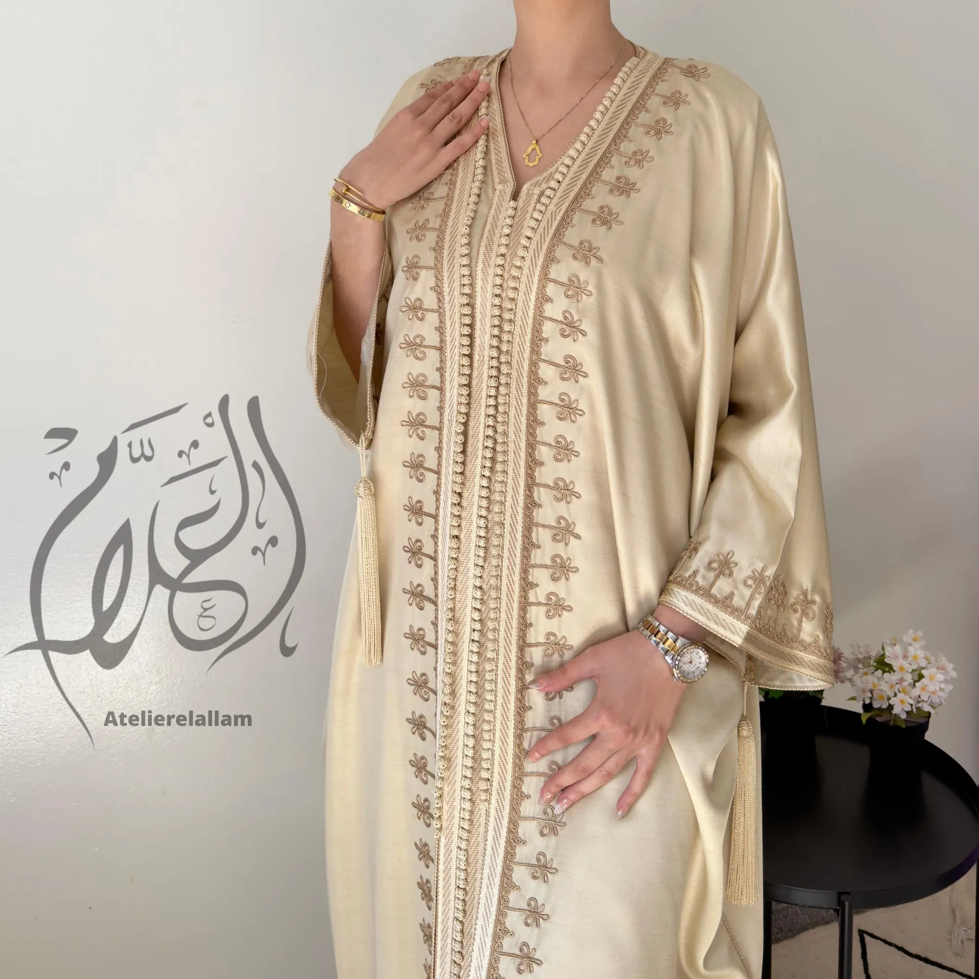 Luxury Cream Silk Shantung Caftan Set with Handmade Sfifa Mramma - New Summer 2026 Collection, Wedding guest kaftan, Arabic kimono set. - image 5