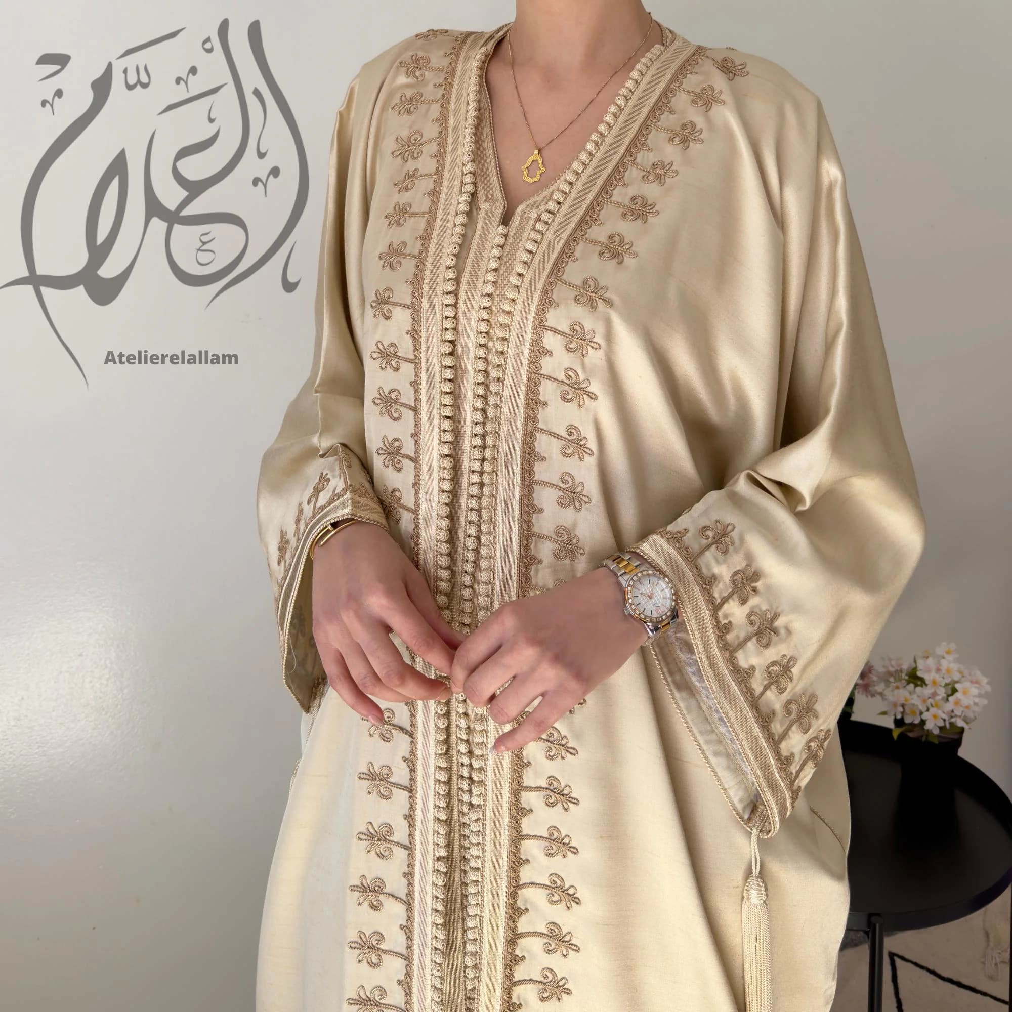 Luxury Cream Silk Shantung Caftan Set with Handmade Sfifa Mramma - New Summer 2026 Collection, Wedding guest kaftan, Arabic kimono set. - image 4