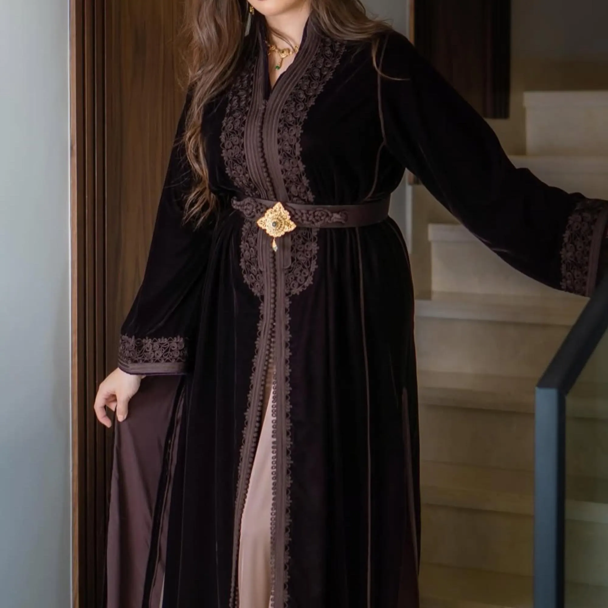 Moroccan Silk velvet brown takchita, Embroidered caftan, Ramadan 2026 traditional dress, Engagement dress, Gift for her, Fall dress. - image 3