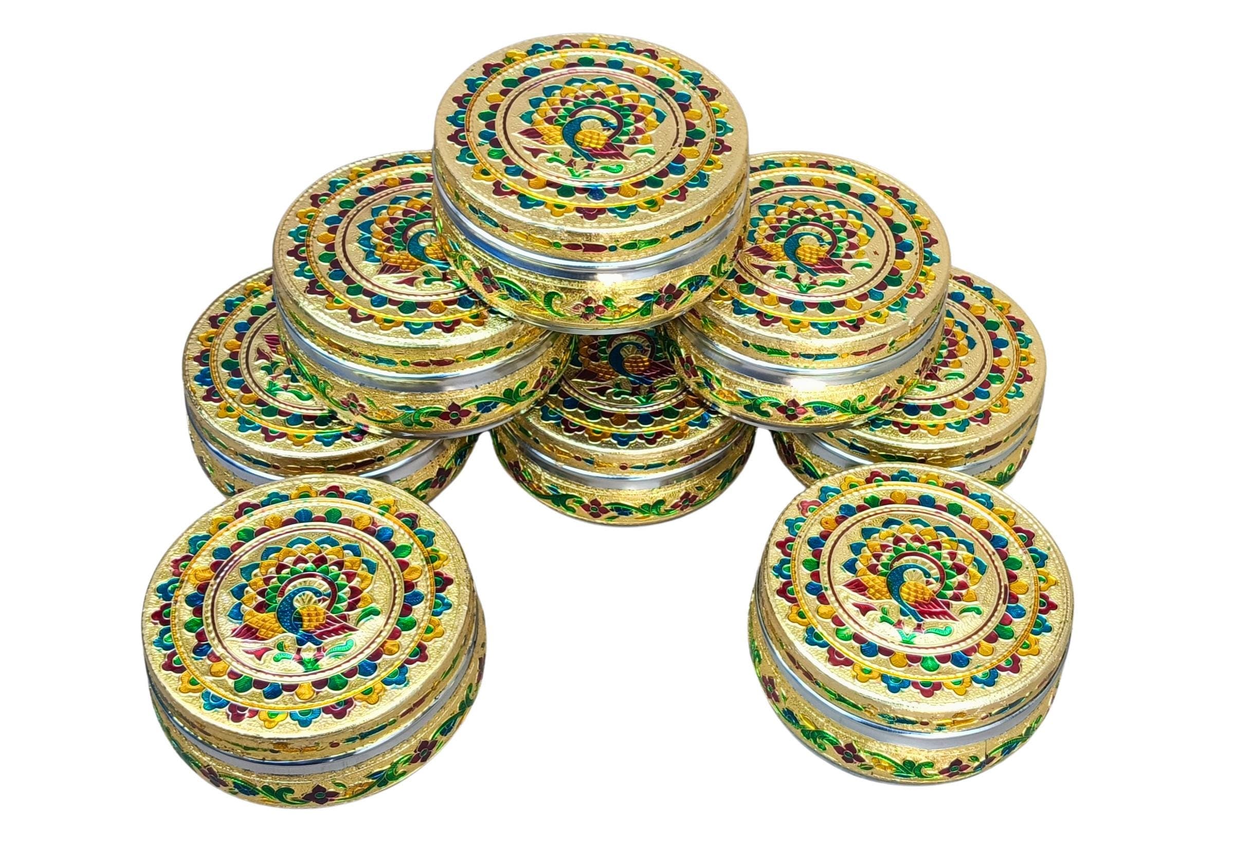 Meenakari Peacock Steel Container: Indian Gift Box, Dry Fruit Storage
